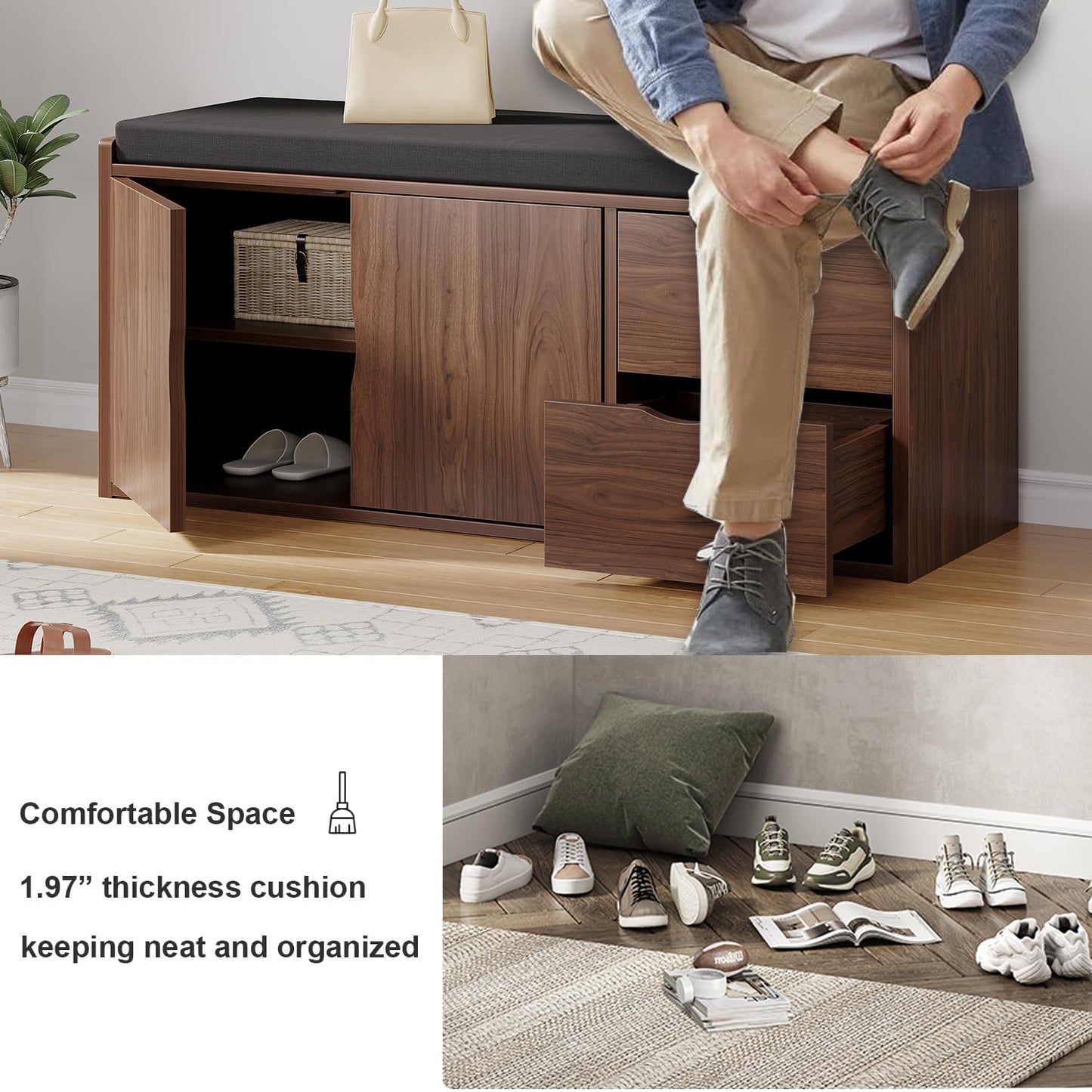 LVB 40” Entryway Storage Bench with Padded Seat Cushion, Wood Hidden Shoe Organizer Bench with 2 Drawers Cabinet, Industrial Shoe Bench for Foyer Entrance Living Bedroom, Walnut Oak, 40 inch