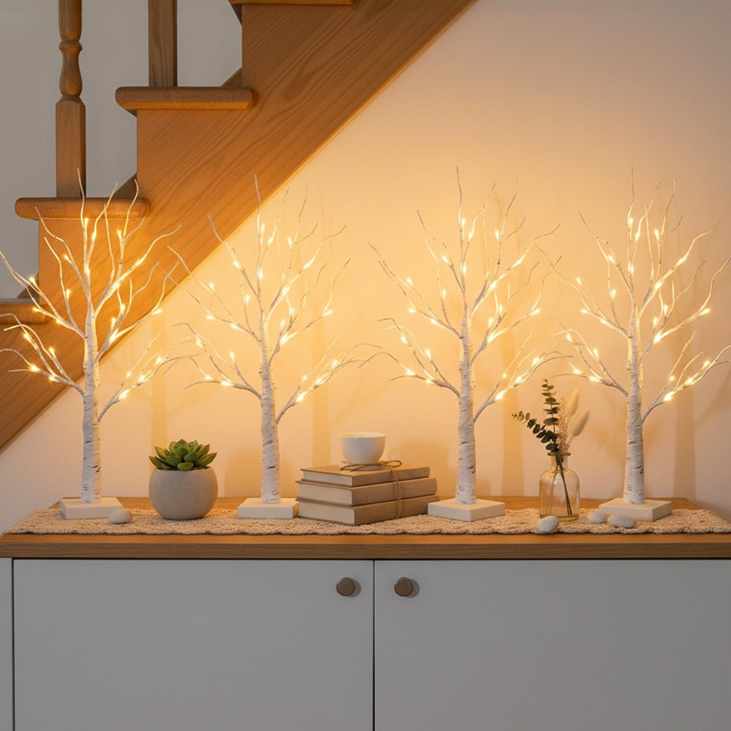 EAMBRITE Home Decorations Light Up White Birch Tree Indoor Christmas Decor, 4 Pack Battery Operated/USB Lighted Tabletop Money Tree Lamp Led Lights Xmas Wedding Centerpiece Table Room (2 Ft)
