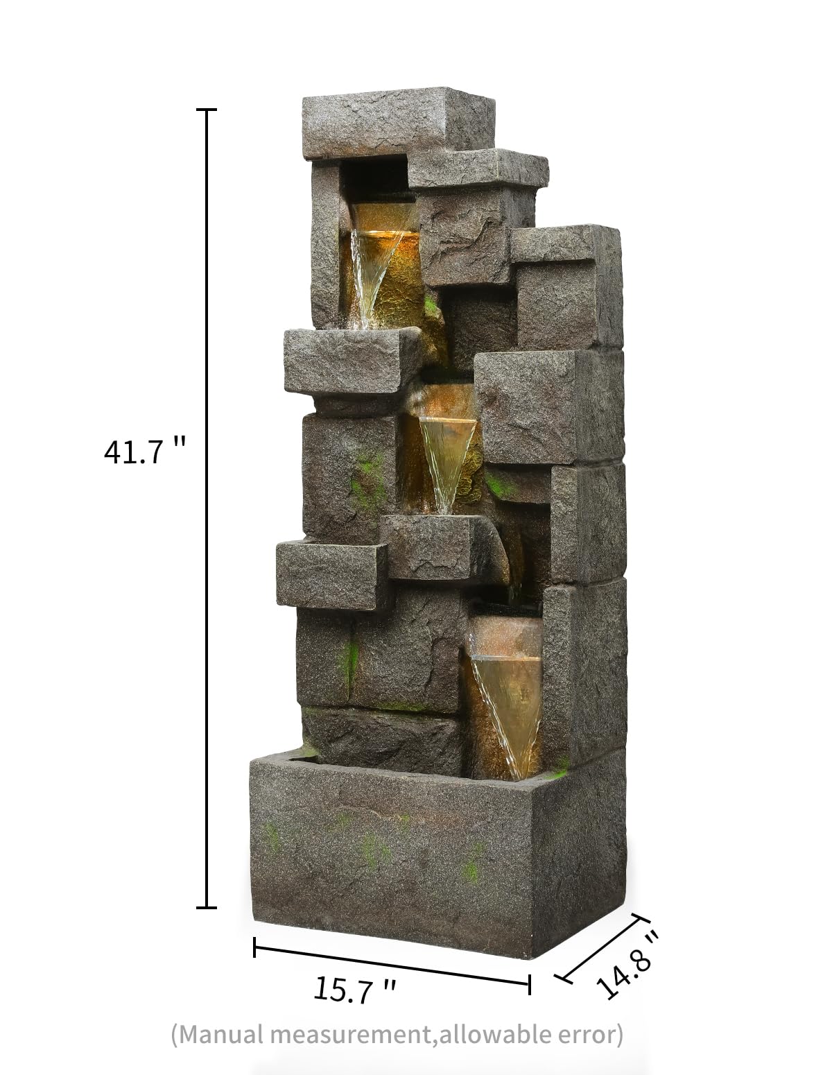 EKRISON 41.7" Outdoor Water Fountains 3 Tier Modern Floor-Standing Fountain with LED Lights and Pump Outdoor Rock Waterfall Fountain for Garden, Yard, Porch, Patio, Home Decor, Yellow