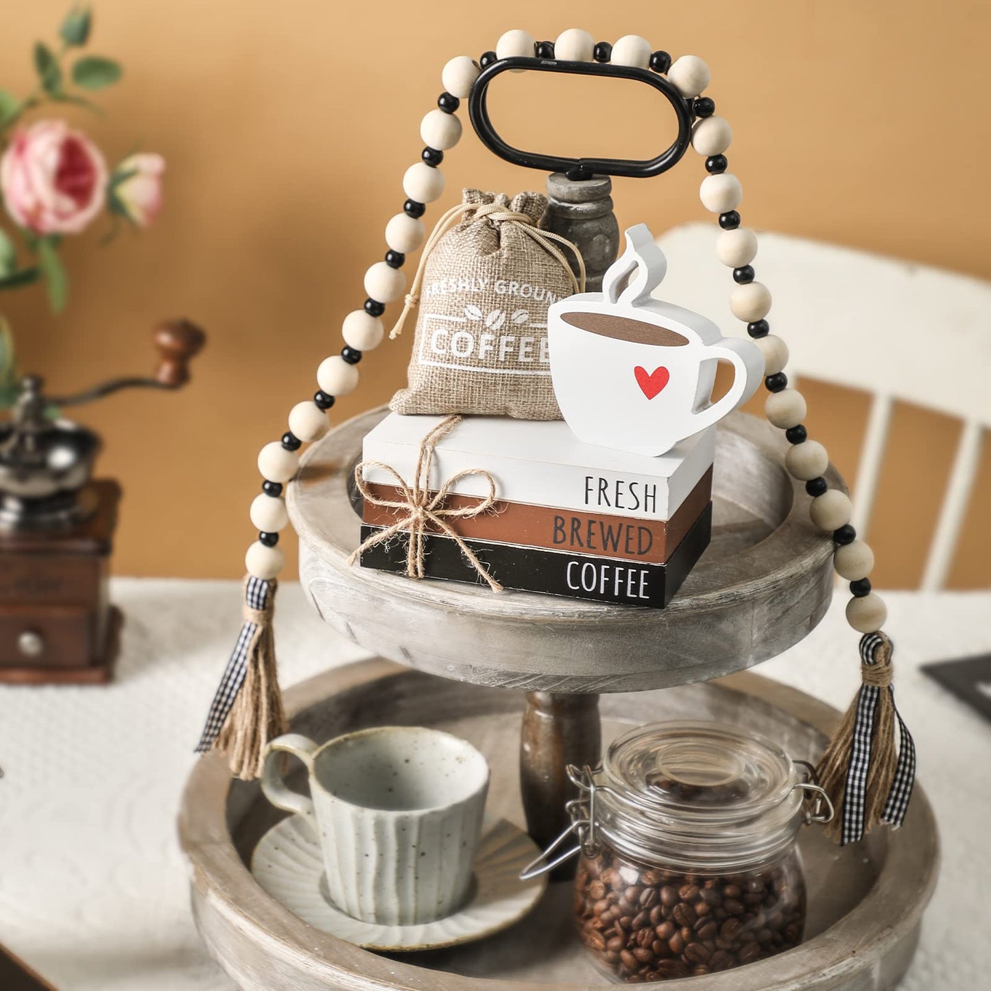 Coffee Bars Decor, 6 PCS Coffee Bar Decorations,Mini Wooden Book Stacks with Bead Garland, Coffees Bar Accessories for Tiered Tray,Table,Shelf,Rustic Farmhouse Home Decor