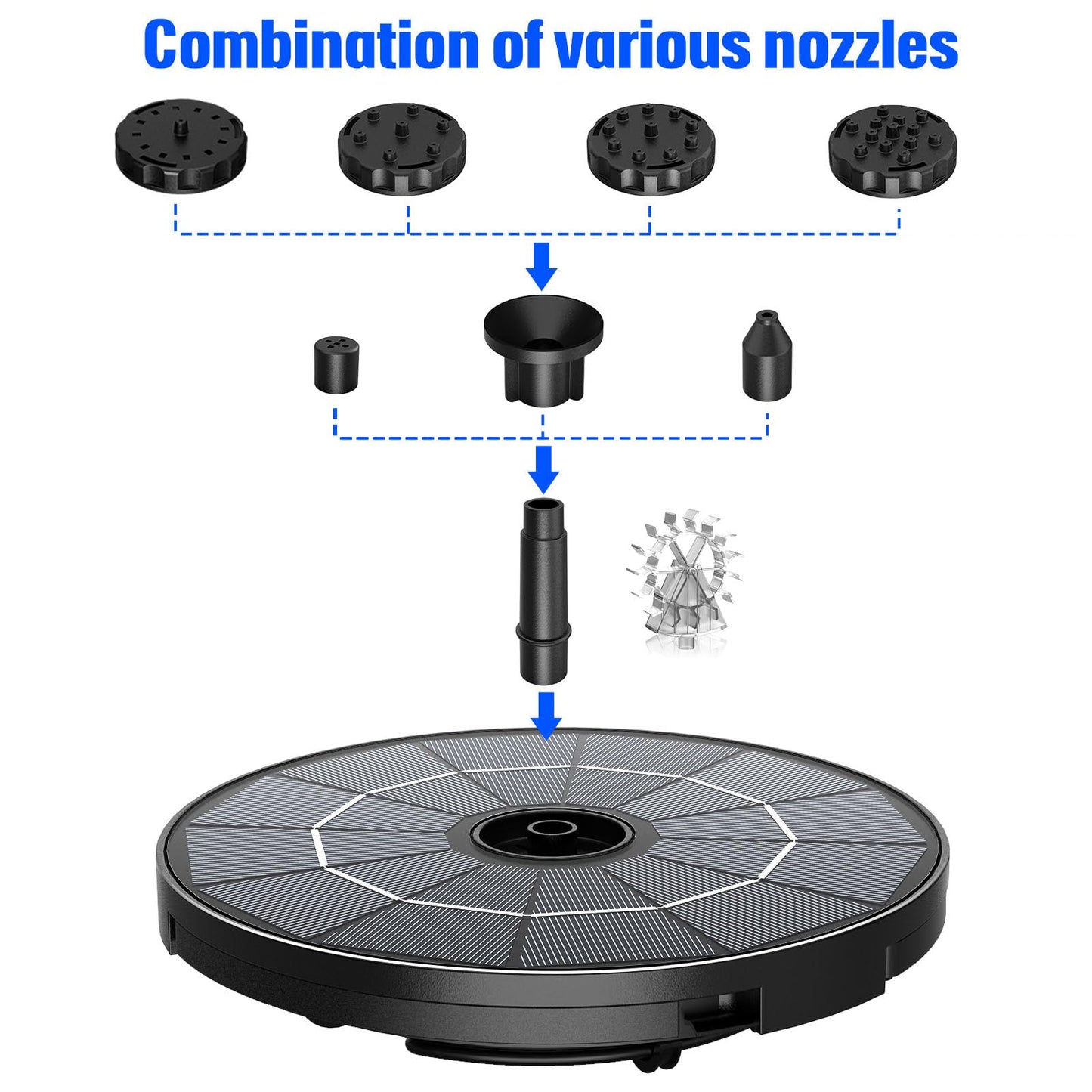 AISITIN 2.8W Solar Fountain Pump for Bird Bath Upgraded 2026, Floating Solar Powered Water Fountain Built-in 1000mAh Battery with 7 Nozzles & 3 Integrated Bracket for Bird Bath and Outdoor Garden