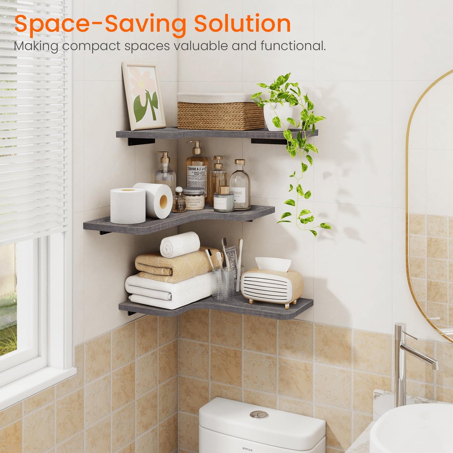 Homode Corner Shelves Wall Mounted, Set of 3 Floating Corner Shelves with Cord Hole, 3 Tier Wooden Hanging Shelves for Storage and Display, for Bathroom Kitchen Living Room, Rustic Grey