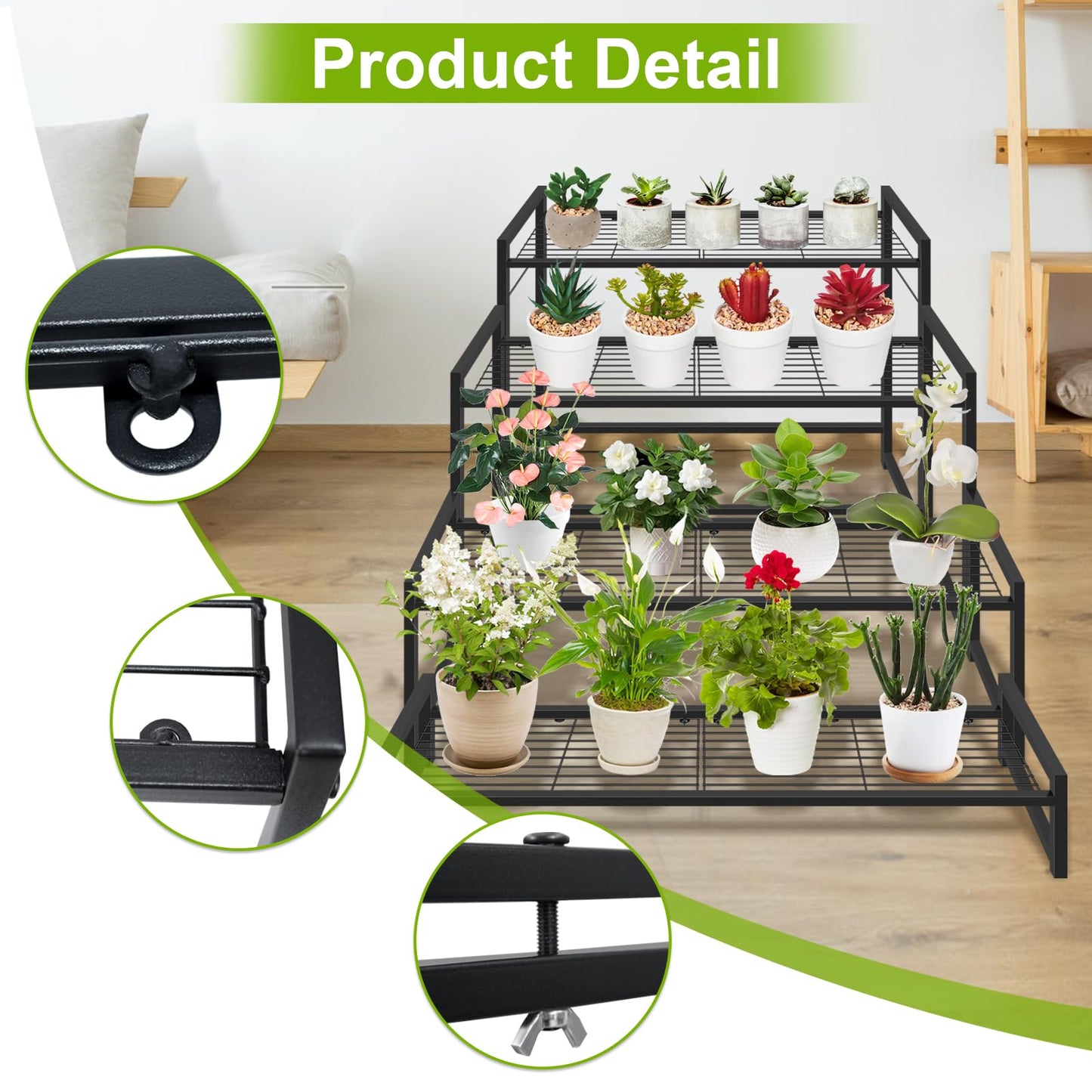 Meyoppm 4 Tier Metal Plant Stand Indoor Outdoor, Ladder Flower Pot Holder Plant Stands, Stackable Heavy Duty Tall Plant Shelf Flower Pot Holder for Garden, Display Rack