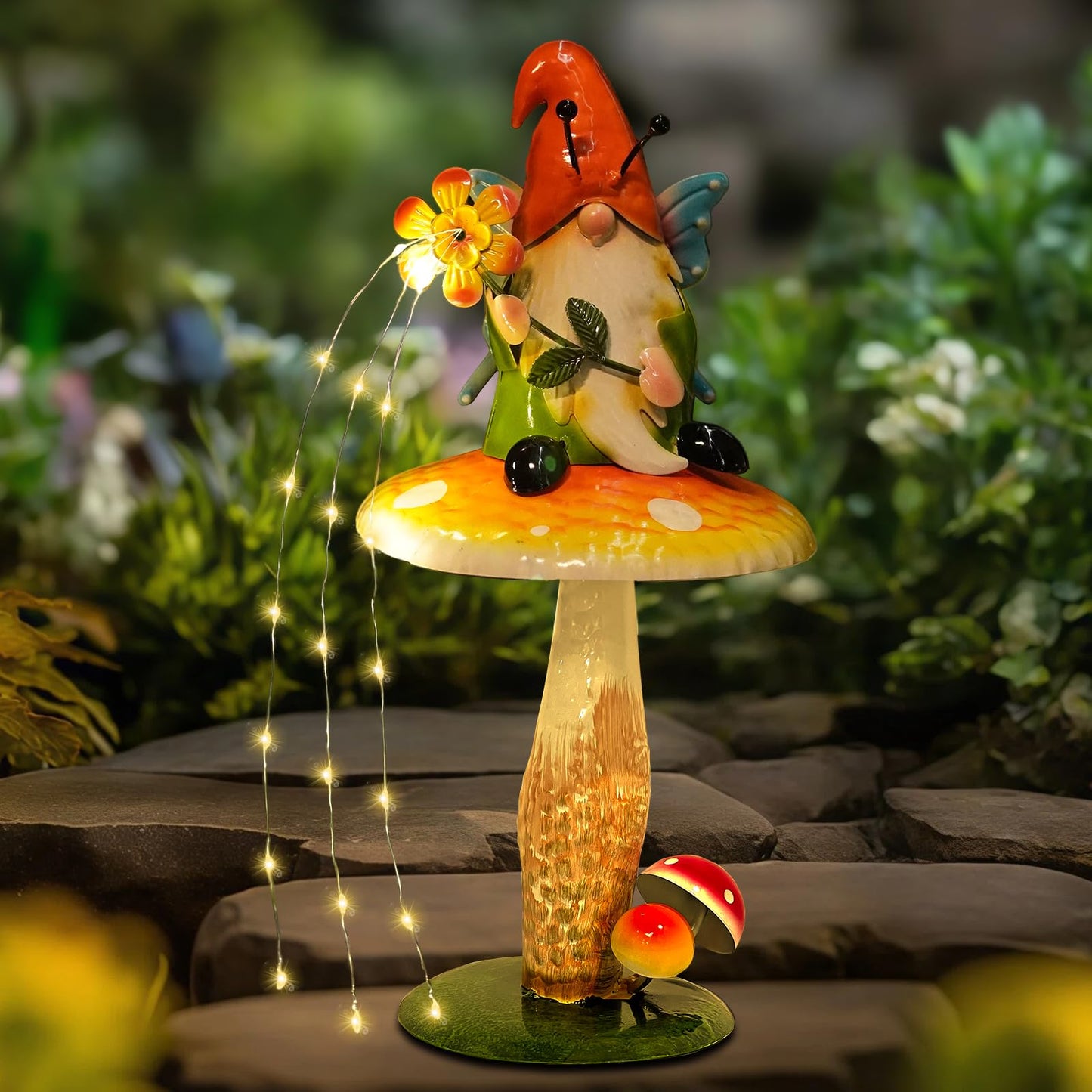 HONGLAND Solar Garden Gnome Figurine, Waterproof Outdoor Mushroom Decor with Solar Outdoor Lights for Yard, Patio, Lawn Ornaments, Ideal Gifts for Mom Grandma Women, Housewarming Gifts-16.5"