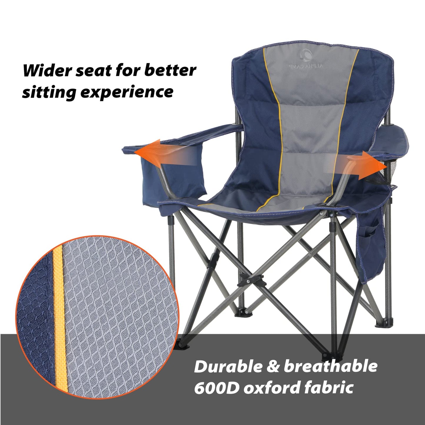 ALPHA CAMP Folding Camping Chair for Adults, Oversized Portable Lawn Chairs with Cooler Bag,Cup Holder & 600D Oxford Fabric, Folding Chairs for Outside Support 450 LBS, Outdoor Chairs 2 Pack