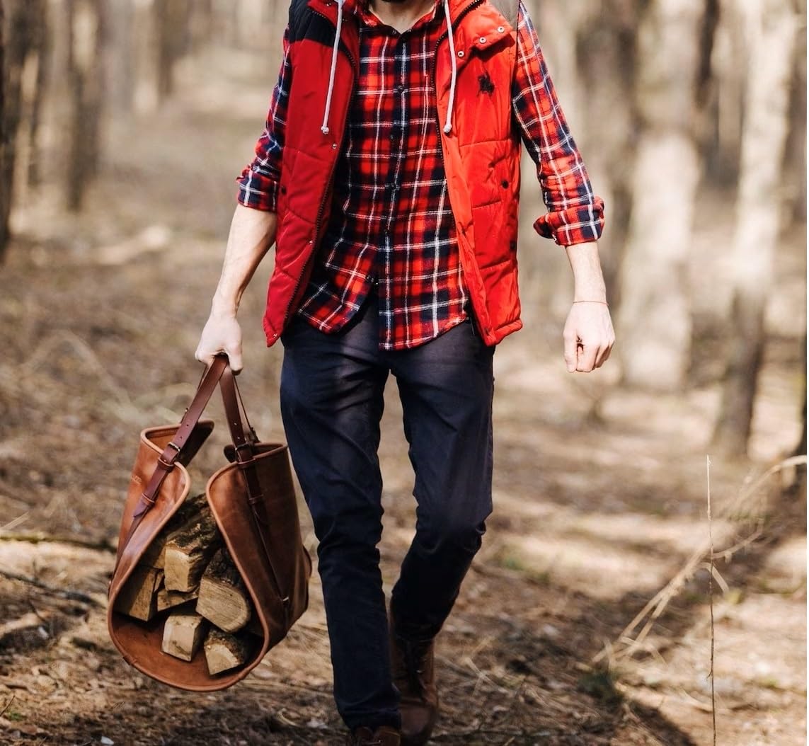 DarkRabbit Leather Firewood Carrier, Cabin Wood Log Carrier, Large Log Tote Bag for Fireplace, Campfire, or Outdoor Fire Pit | Heavy Duty Leather Wood Holder for Winter or Camping Stove 44X20