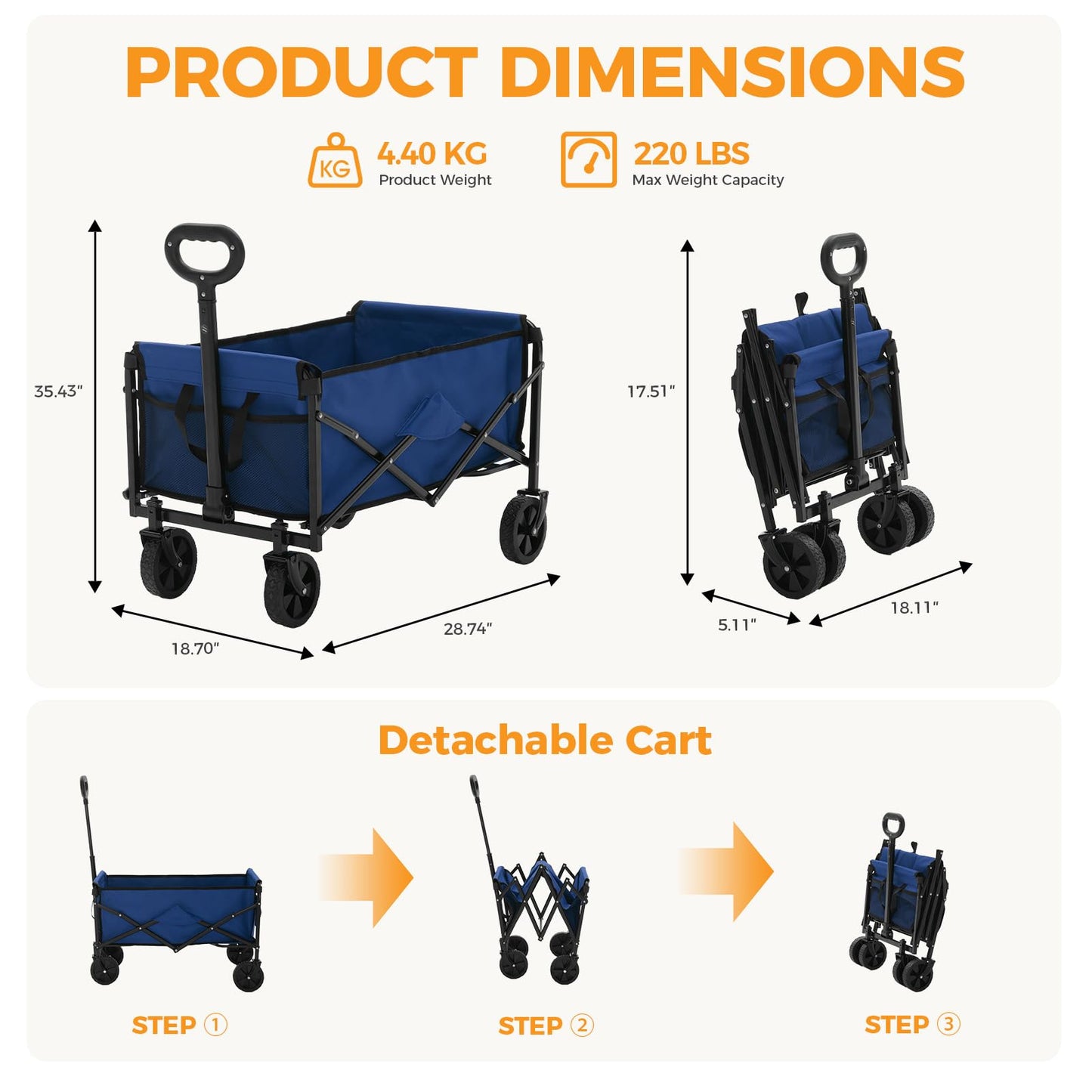NEWBULIG Collapsible Wagon Cart, 67L Compact, Lightweight & Portable Heavy Duty Pull Cart with Wheels, 220 lbs Capacity, Adjustable Handle for Beach, Sports, Camping, Shopping & Garden, Blue