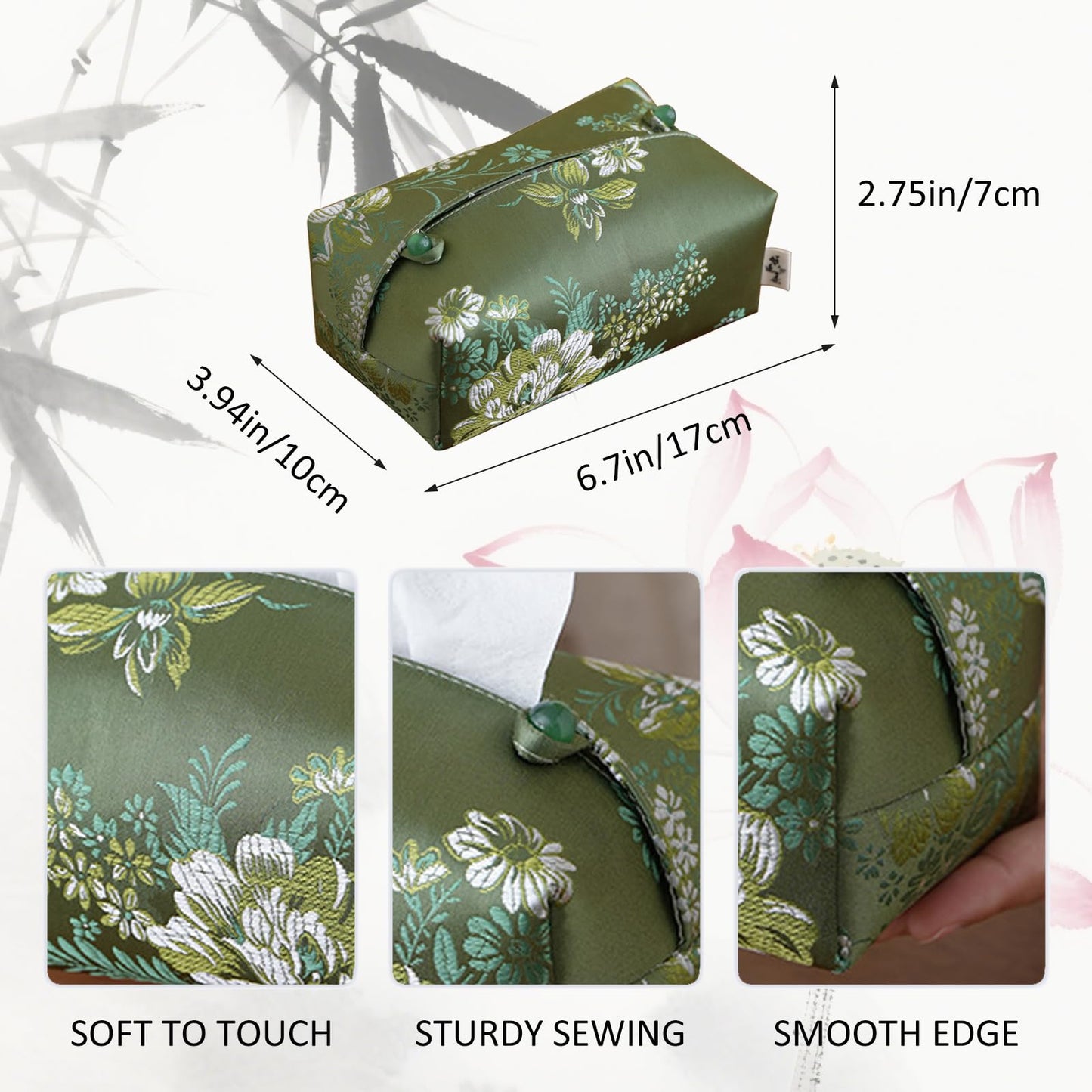 Zovylks Brocade Fabric Tissue Box Cover, Exquisite Jacquard Soft Fabric, Green Peony Floral Patterns, Rectangle Tissue Box Holder for Livingroom, Bedroom, Car, Office Desktop Decor (Dark Green)