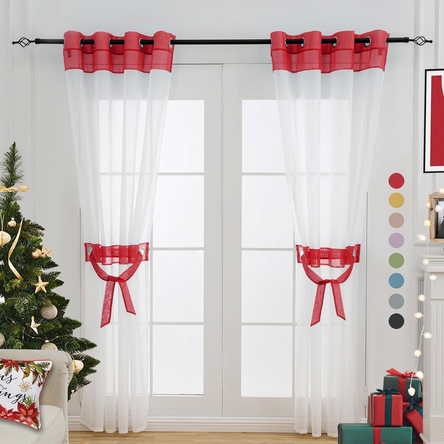 L.Z.E Red and White Sheer Curtains 84 Inches Long 2 Panels Set, Transparent Voile Window Drapes for Living Room & Dining Room with Classic Design, Elegant Grommet Curtain with Tieback