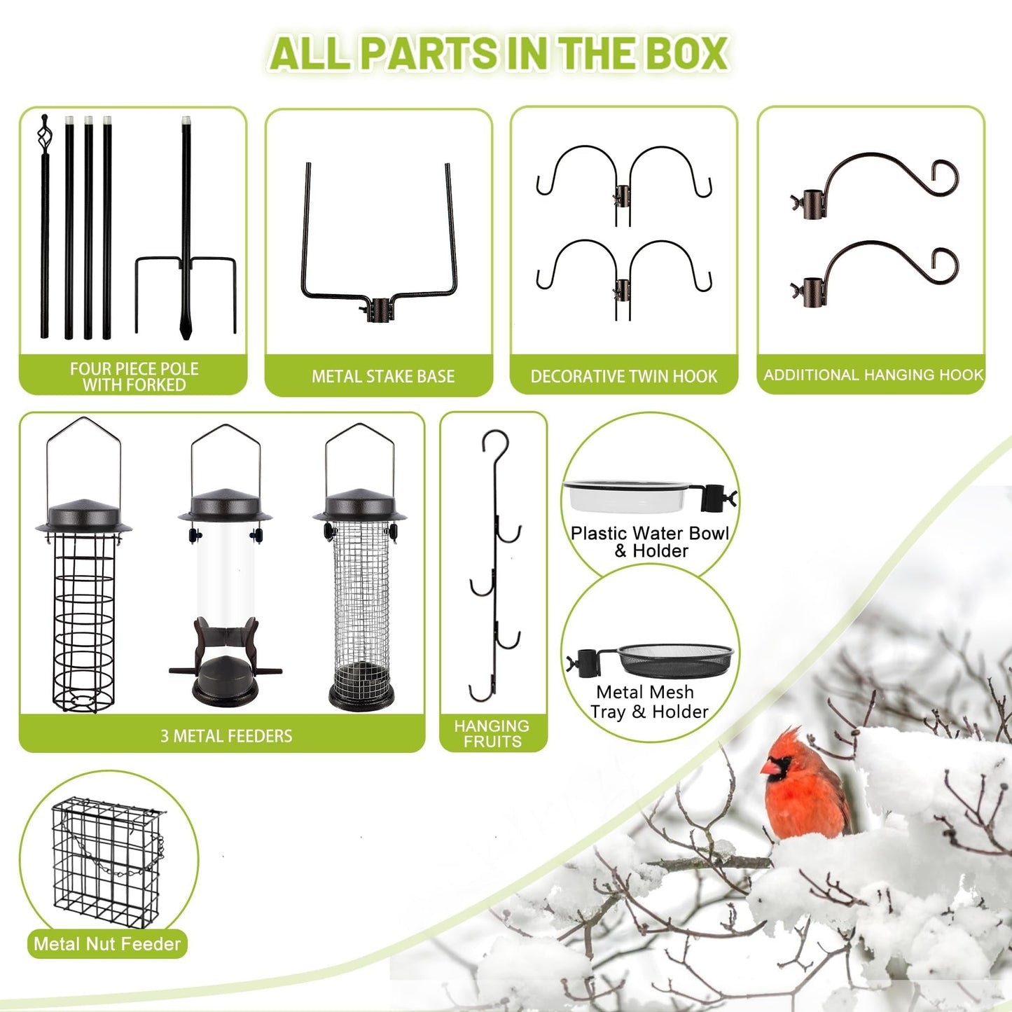 Bird Feeder Station with Suet Cage & Water Bowl Fruit Hook- Adjustable Pole, 6 Hanging Hooks for Wild Birds, Outdoor Garden Bird Feeding Kit