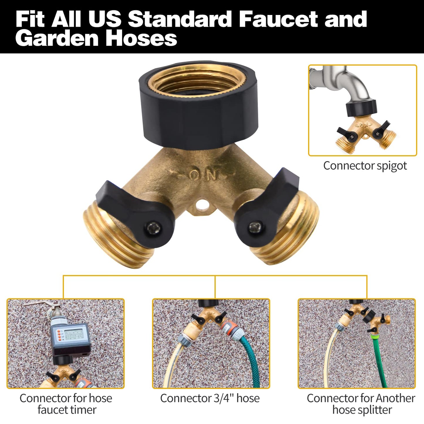 4 Pack Hose Splitter, 2 Way Heavy Duty Brass Garden Hose Splitter, for 3/4" Hose Connector, Brass Garden Hose Manifold with Rubber Washers & Tapes