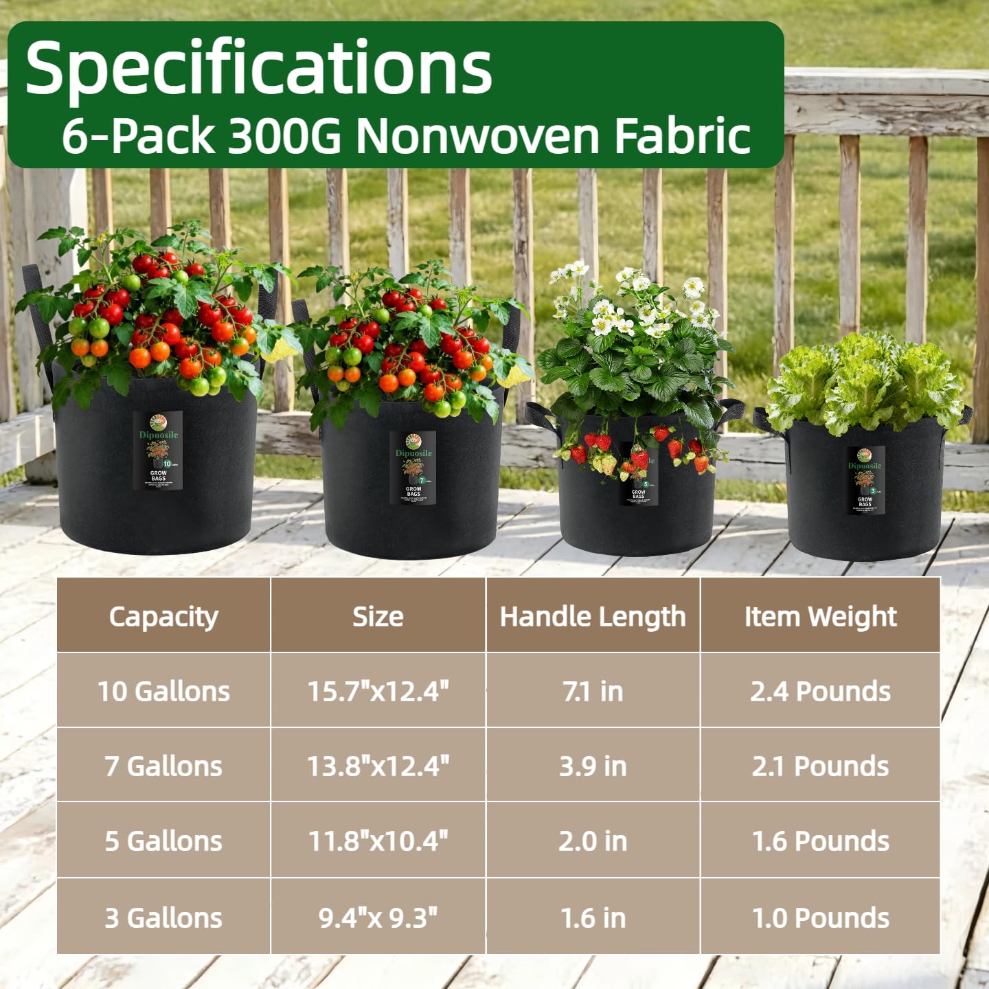 Dipuosile 6-Pack 10 Gallon Grow Bags Extra-Long Handles, Heavy Duty 300G Thickened Nonwoven, Fabric Growing Bags for Tomato, Potato,Vegetables, and Flowers