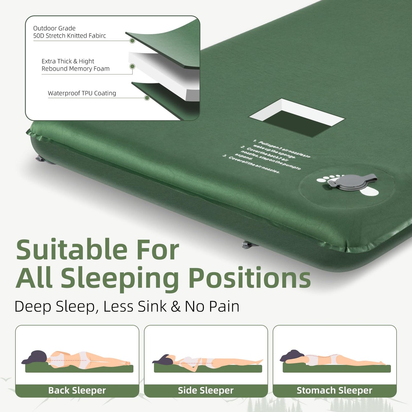 Wevelel Memory Sleeping Pad, 3.1" Ultra-Thick Foam Sleeping Mats for Camping, Easy Inflate&Deflate,9.5 R-Value Insulated Camping Mattress Pad with Pillow, for Car Travel Tent
