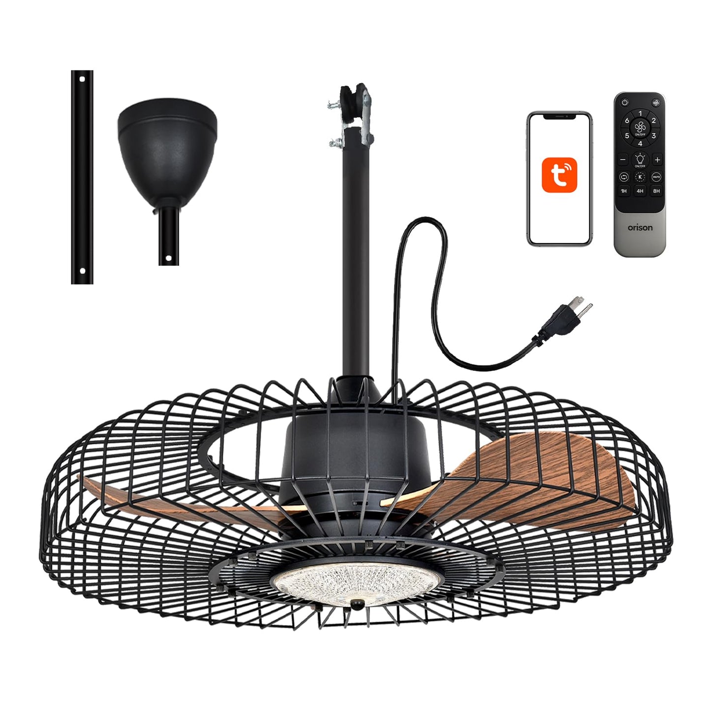 Orison Outdoor Ceiling Fans with Lights for Patio, 24" Weatherproof Ceiling Fan, Gazebo Fan Remote & APP Control, 3CCT Dimmable,Caged Plug in Ceiling Fan with Hanging Hook for Pergola Porch Canopy