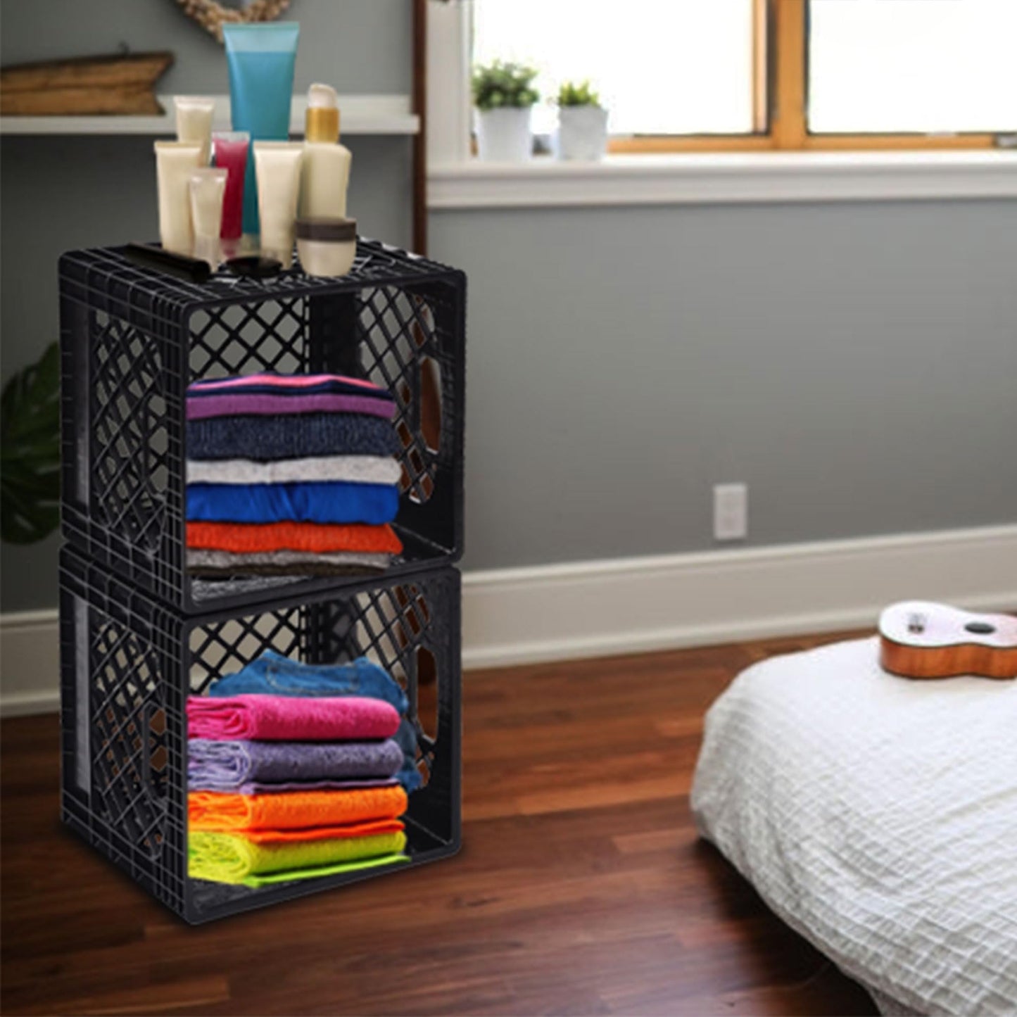 Juggernaut Storage 2-Pack Stackable Heavy Duty Milk Crates with Handles, 16 Qt, Black - Organizing Plastic Crate Basket for Grocery Shopping, Home Supplies, and Bathroom Accessories