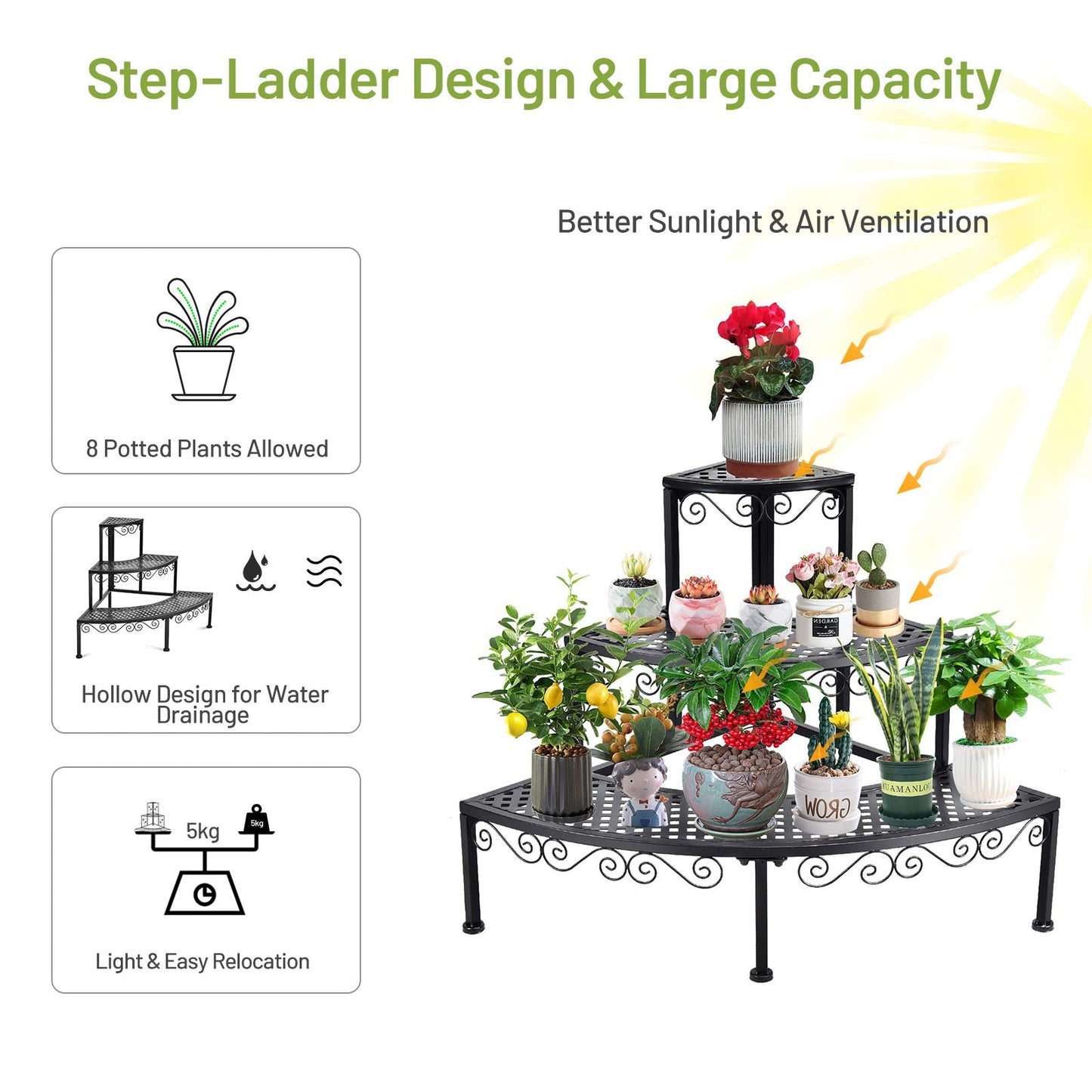S AFSTAR Metal Plant Stand, 3-Tier Corner Plant Ladder Shelf for Indoor Outdoor, Freestanding Flower Pot Holder for Balcony Garden Office