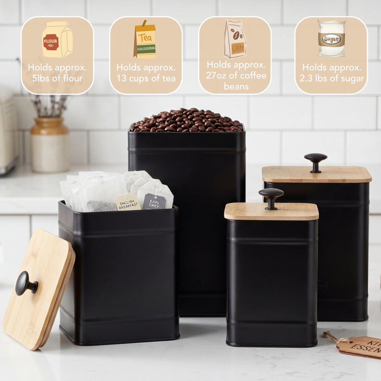 PERFNIQUE Kitchen Canisters, Airtight Canister Sets for Kitchen Counter, Kitchen Canisters for Countertop Set of 4, Coffee Tea Sugar Flour Spice Tin Jars Food Storage Container with Lid(Black)