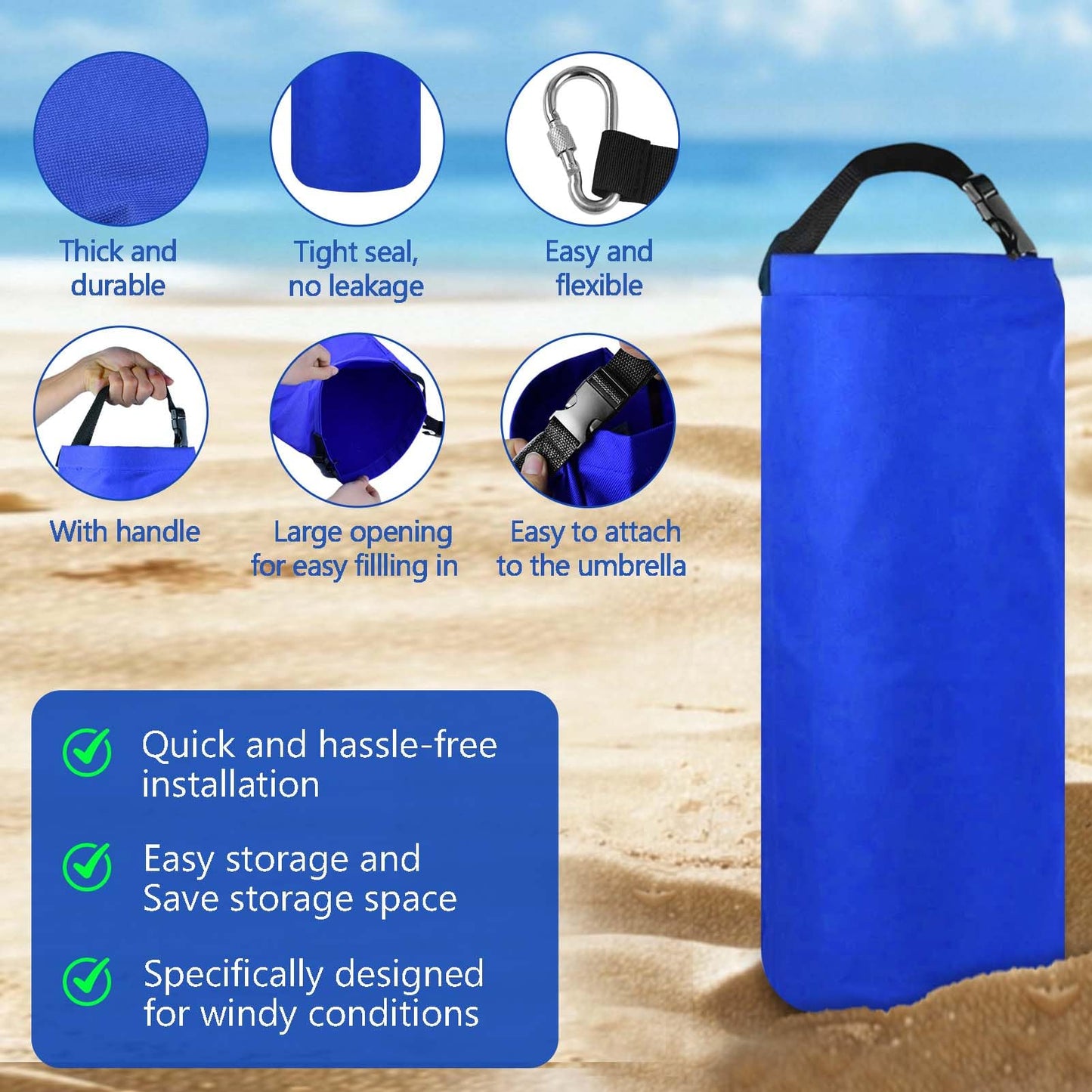 2Pack 10L Beach Umbrella Weight Sand Bags 25lbs 600D Oxford Cloth Heavy Duty Sun Umbrella Sand Anchor Portable Fillable Summer Sunshade Canopy Tent Sandbag Stand Holder for Outdoor High Wind Resistant