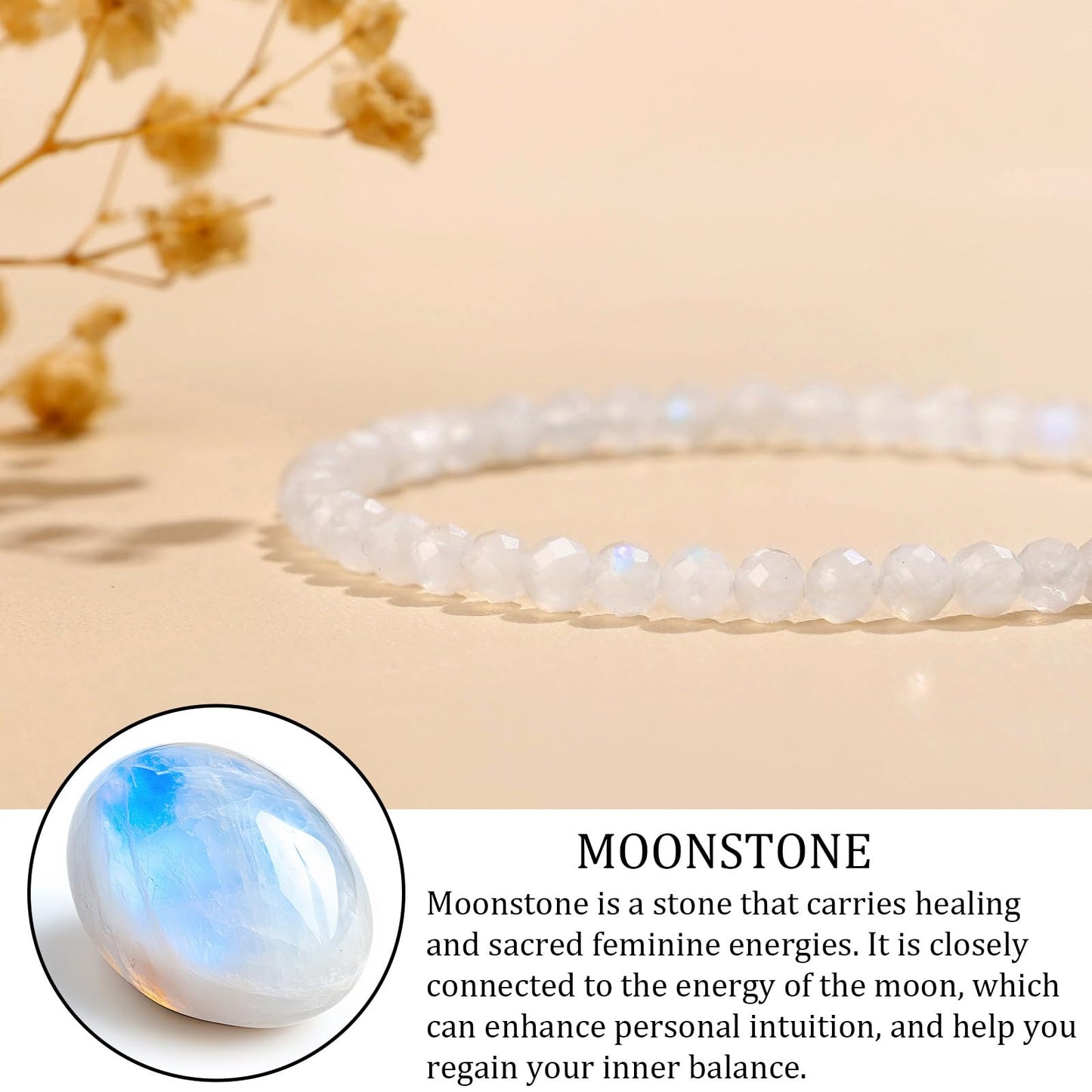 GolbalJew Natural Gemstone Beads Bracelets Healing Crystal Stone Beaded Bracelet for Women Men Handmade Spiritual Jewelry Gifts, 4mm Moonstone Faceted Round Beads