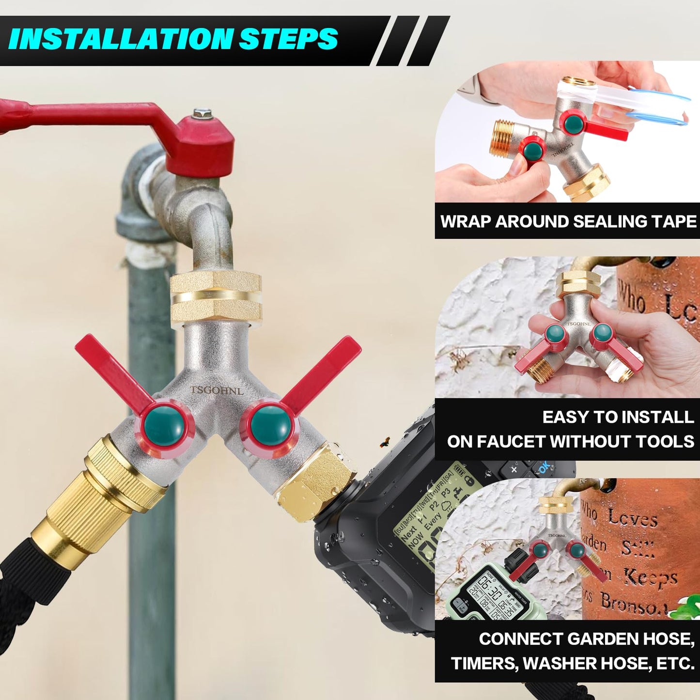 Hose Splitter 2 Way, Y-Valve Water Spigot Splitter, High Flow Faucet Splitter, 3/4" GHT Thickened Hexagonal Water Inlet with 2 Garden Hose Coiled Spring Protectors and 2 More Extension Handles