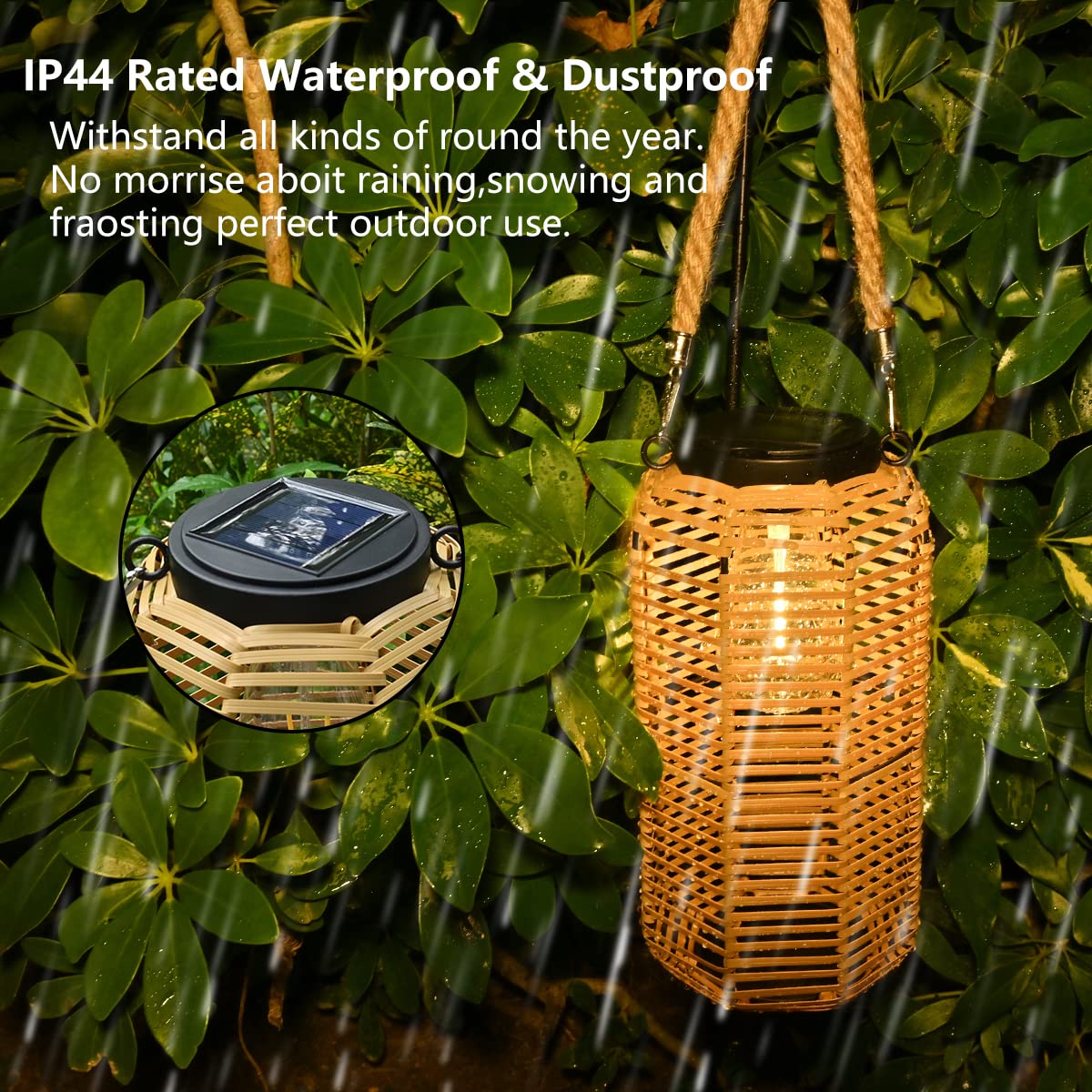 Livinlarge Solar Lantern Outdoor Hanging Lights, Rattan Lantern Waterproof with Twine Handle, Bright Solar Outdoor Lights with Edison Bulb for Garden Patio Yard Tabletop Decoration