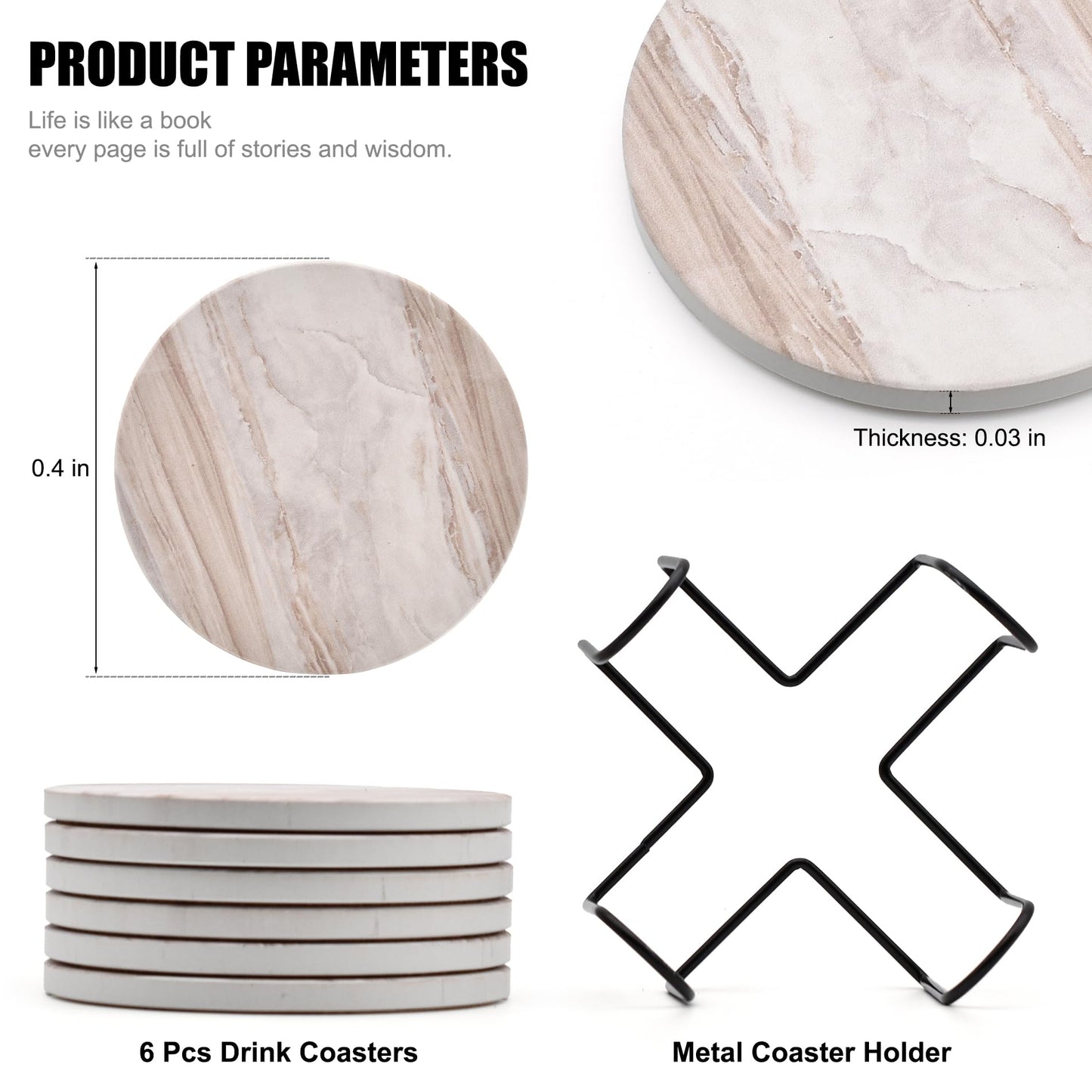 6Pcs Drink Coasters with Holder, Marble Style Ceramic Drink Coaster, Absorbent Coasters Set Suitable for Kinds of Cups, Modern Style Coaster for Coffee Table, 4 Inches