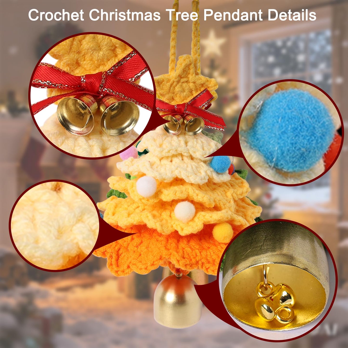 JSSTEM Handmade Crochet Christmas Tree, Hand-Knitted Ornaments Car Pendant with Bells, Stars, Bows & Pom Poms, Cotton Xmas Decor for Holiday Tree, Festive Gift, Home, Car and Party Decor, Yellow