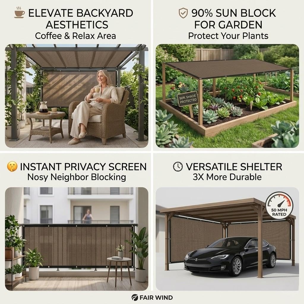 FAIR WIND 90% Sun Shade Cloth with Improved Grommets 6' x 10' Outdoor Sun Screen Fabric Cover for Patio Garden Pergola Canopy - Mocha