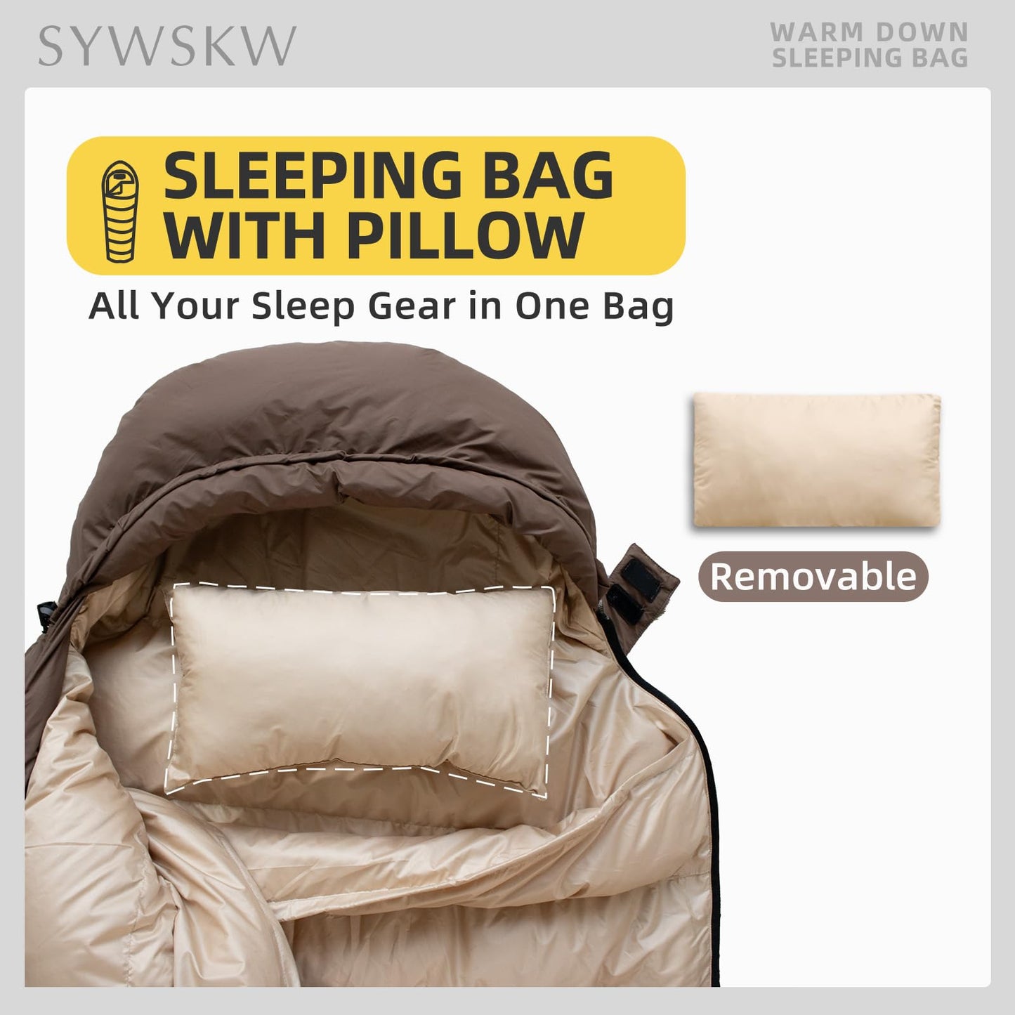 SYWSKW Ultralight Down Sleeping Bag with Pillow,15°F 32°F 46°F Sleeping Bag for Women,Men,Youth Backpacking,Hiking and Camping Outdoor with 680FP Duck Down (Coffee, 800g Down Filling)