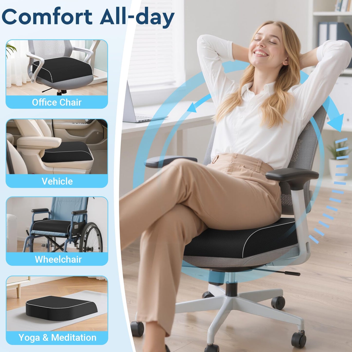 SofterCharm Seat Cushion, Memory Foam Office Chair Cushions for Long Sitting Hours, Chair Pad for Sciatica, Coccyx, Tailbone, Hip Pain & Pressure Relief, Office, Home, Car Seats, Airplane, Black/Large
