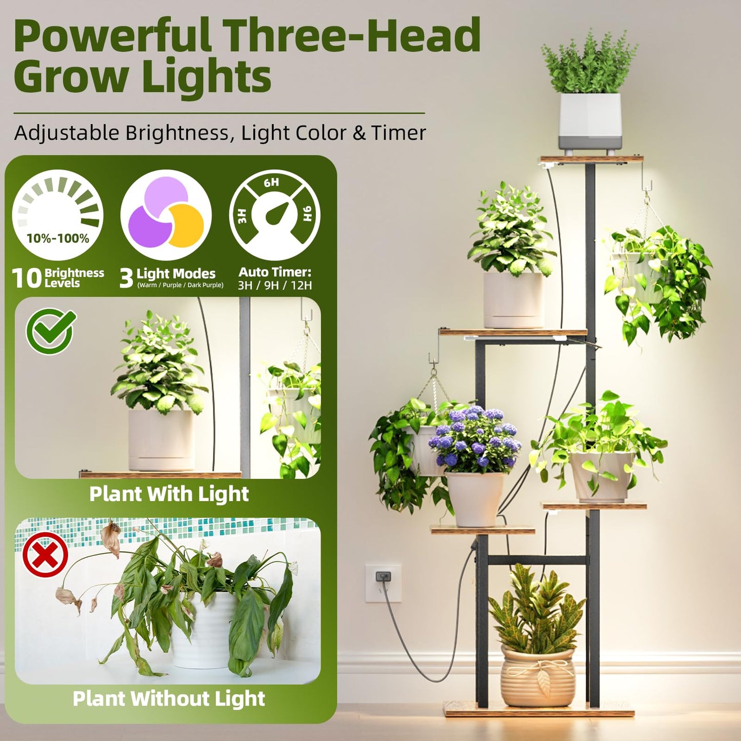unlumm Plant Stand Indoor with Grow Lights, 46" Metal Corner Plant Shelf with 3 LED Lights, 2 Hanging Hooks, 5-Tiered Tall Plant Flower Holders for Living Room, Garden, Patio (Black Brown)