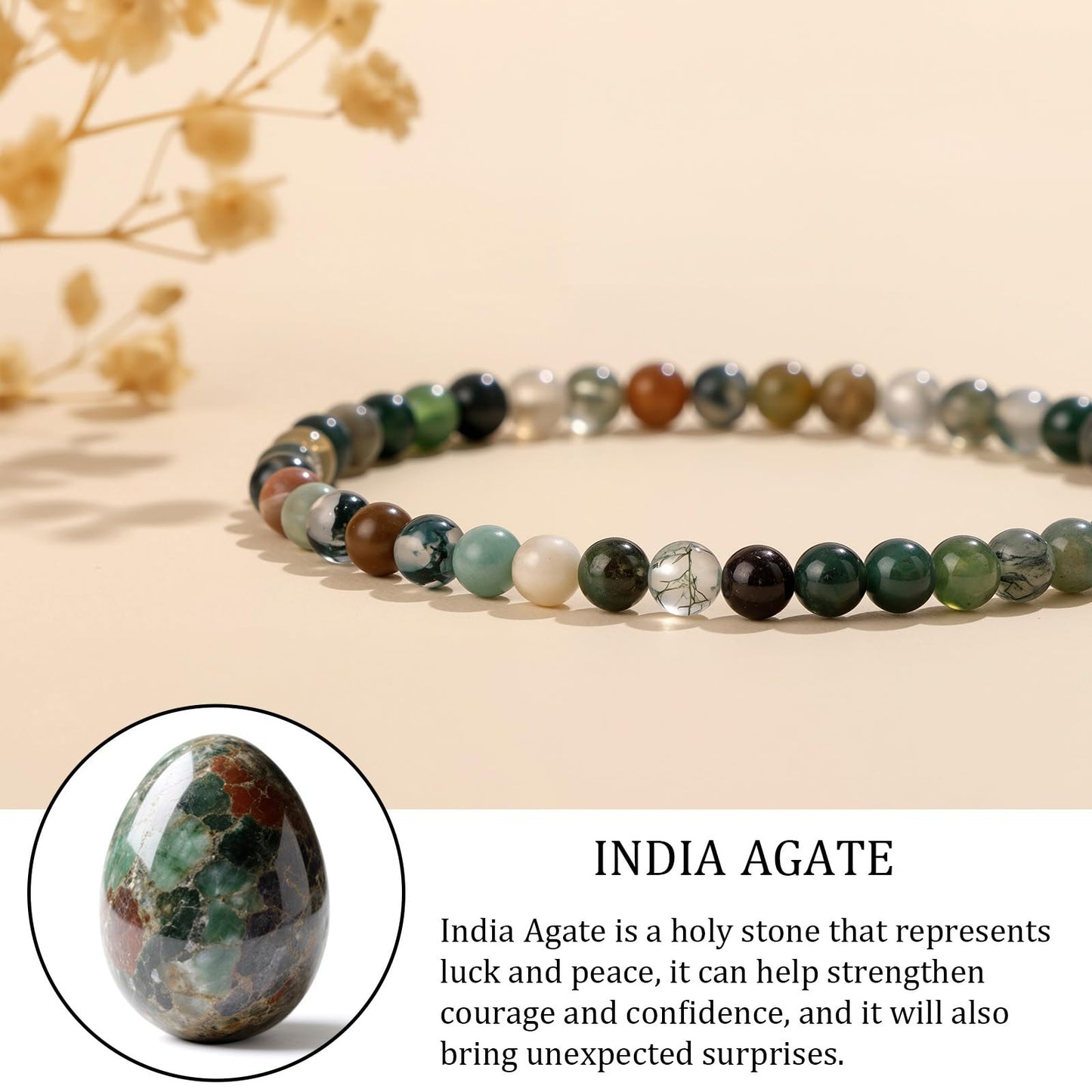 GolbalJew Natural Gemstone Beads Bracelets Healing Crystal Stone Beaded Bracelet for Women Men Handmade Spiritual Jewelry Gifts, 4mm Indian Agate Round Beads