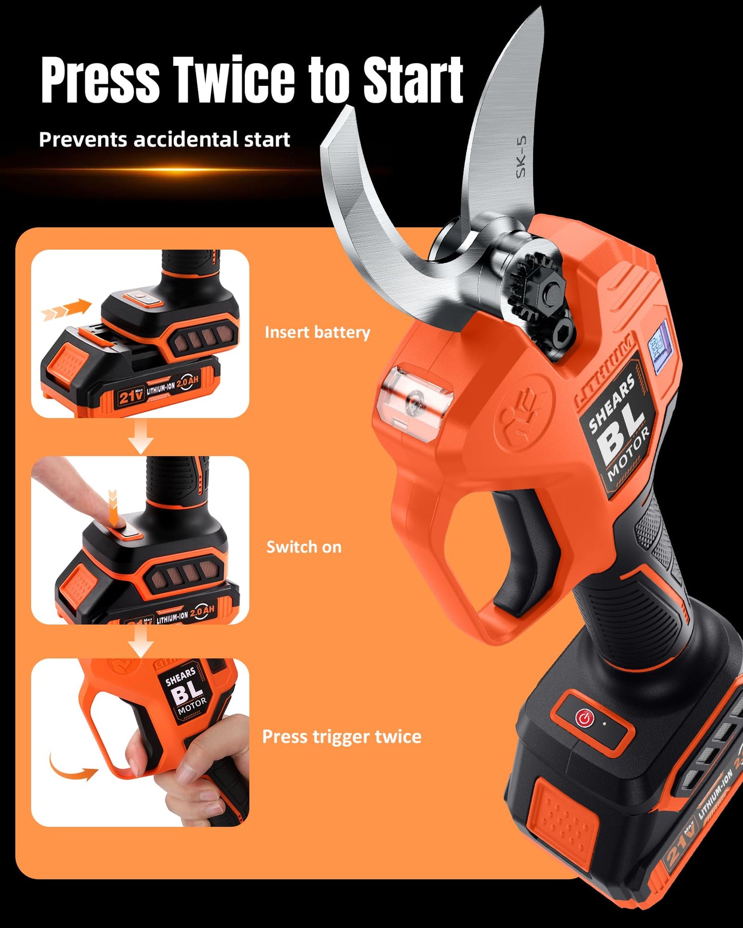 VOTREK® Cordless Electric Pruning Shears, Effort-Saving Power Pruner Cuts Branches up to 1.6", Lightweight with Safety Lock, SK5 Steel Blade, Brushless Motor, Battery Included for Tree Trimming