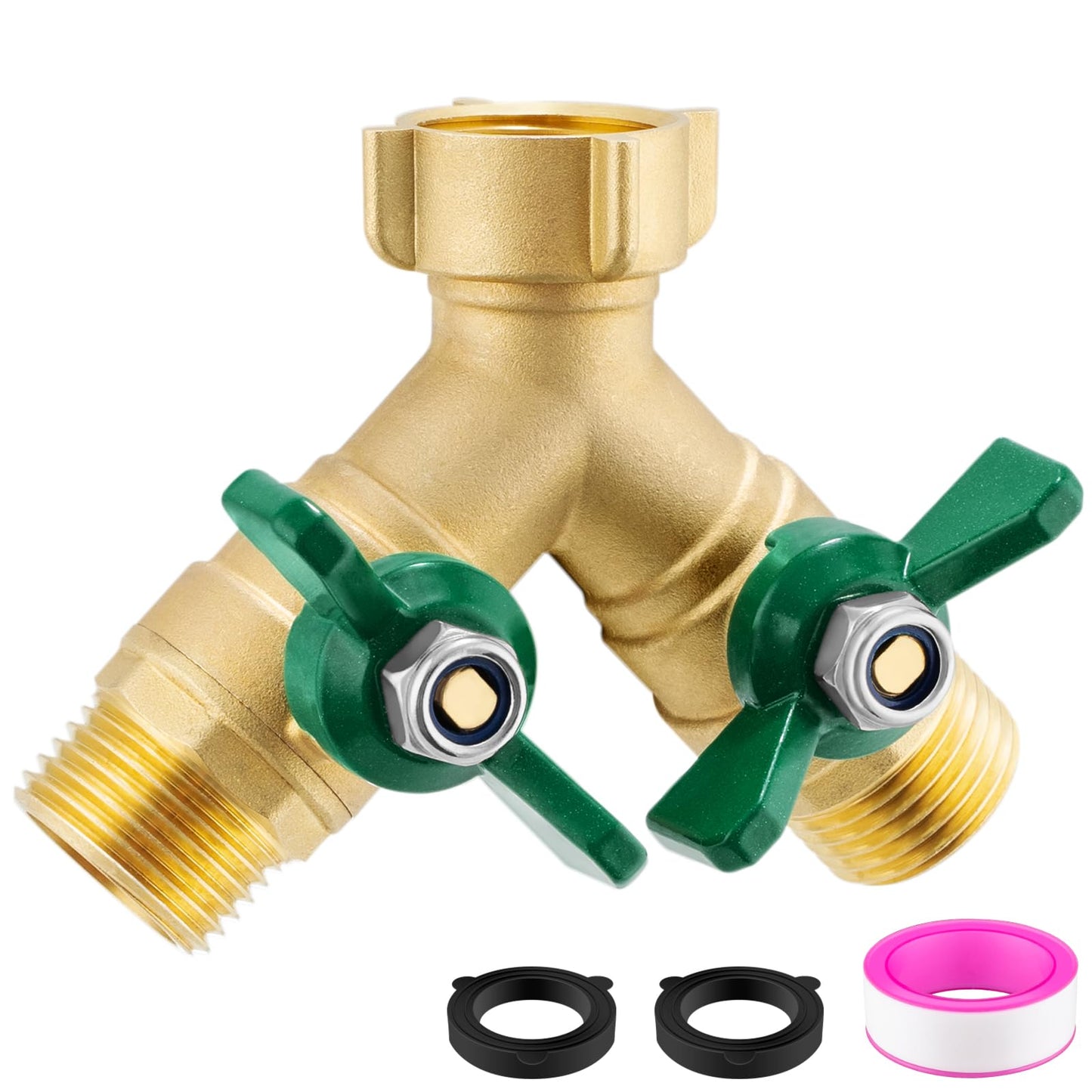 Garden Hose Splitter 2 Way, Heavy Duty Brass Hose Splitter, 3/4" GHT Hose Y Splitter with Shutoff, Full Flow Outdoor Faucet Splitter, Water Hose Y Valve Tap Adapter