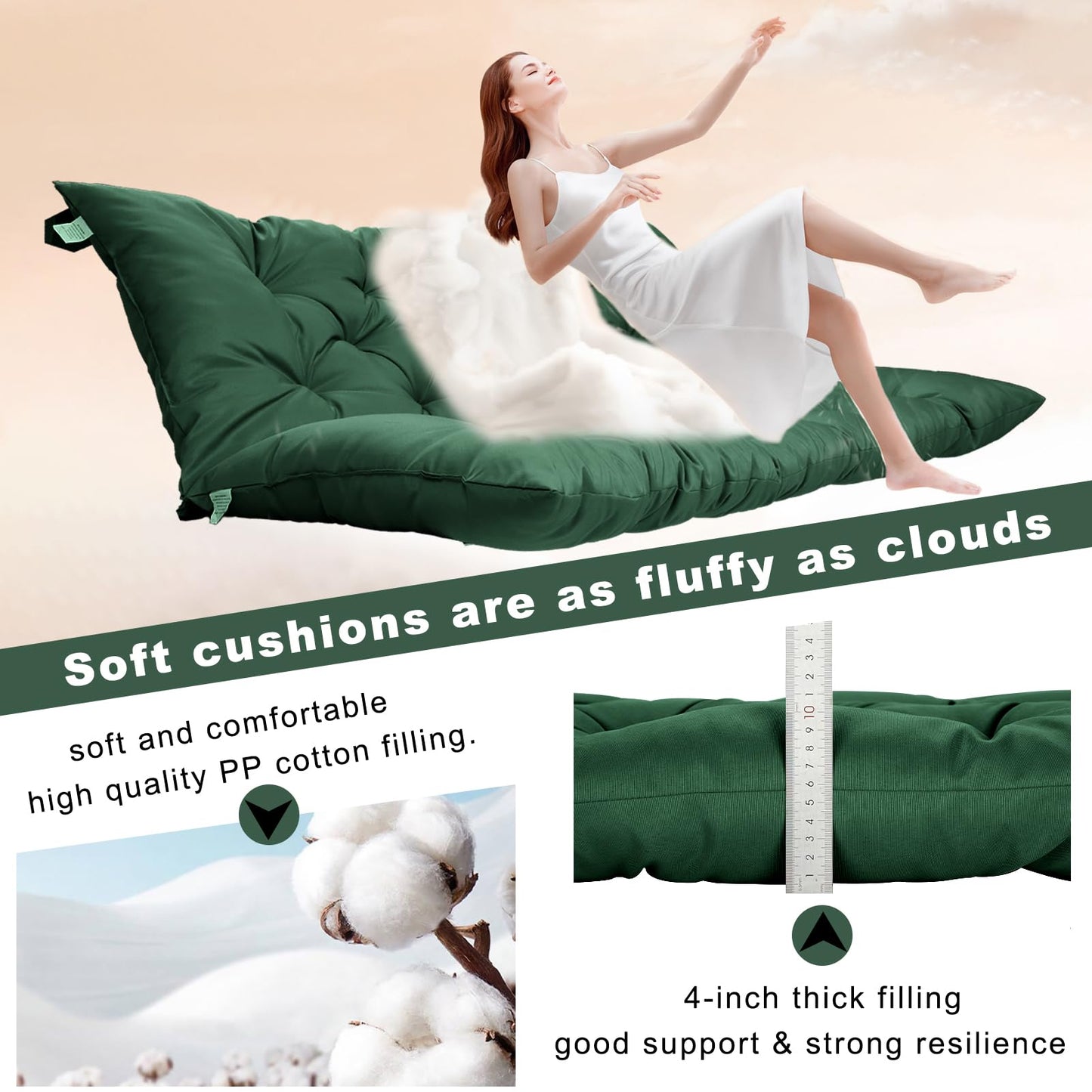 HIYEN Porch Swing Cushions 3 Seater Replacement, Waterproof Bench Cushions for Outdoor Furniture with Backrest, 4" Thickened Patio Swing Cushion with Ties (Dark Green, 60 * 40 inch)