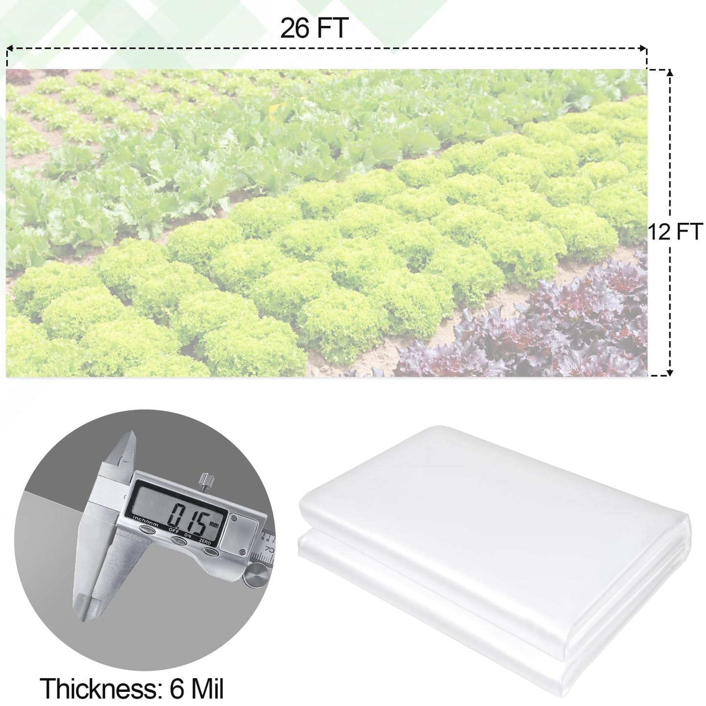 12 x 26 FT Clear Greenhouse Plastic Sheeting, 6 Mil Polyethylene Film Heavy Duty, Water Sun Frost Wind Dust Resistant Winter Hoop House Toughness Plastic Cover for Farming, Gardening, Agriculture, DIY