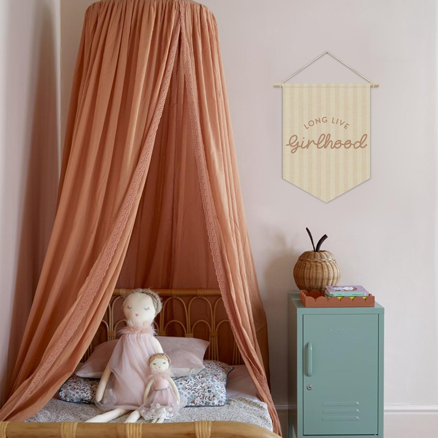 XYDEG Girl Nursery Decor, Long Live Girlhood Linen Canvas Banner, Neutral Striped Wall Hanging Pennant Flag Banner for Girl Nursery Toddler Kids Room Bedroom Dorm Playroom Decor, 15x11in