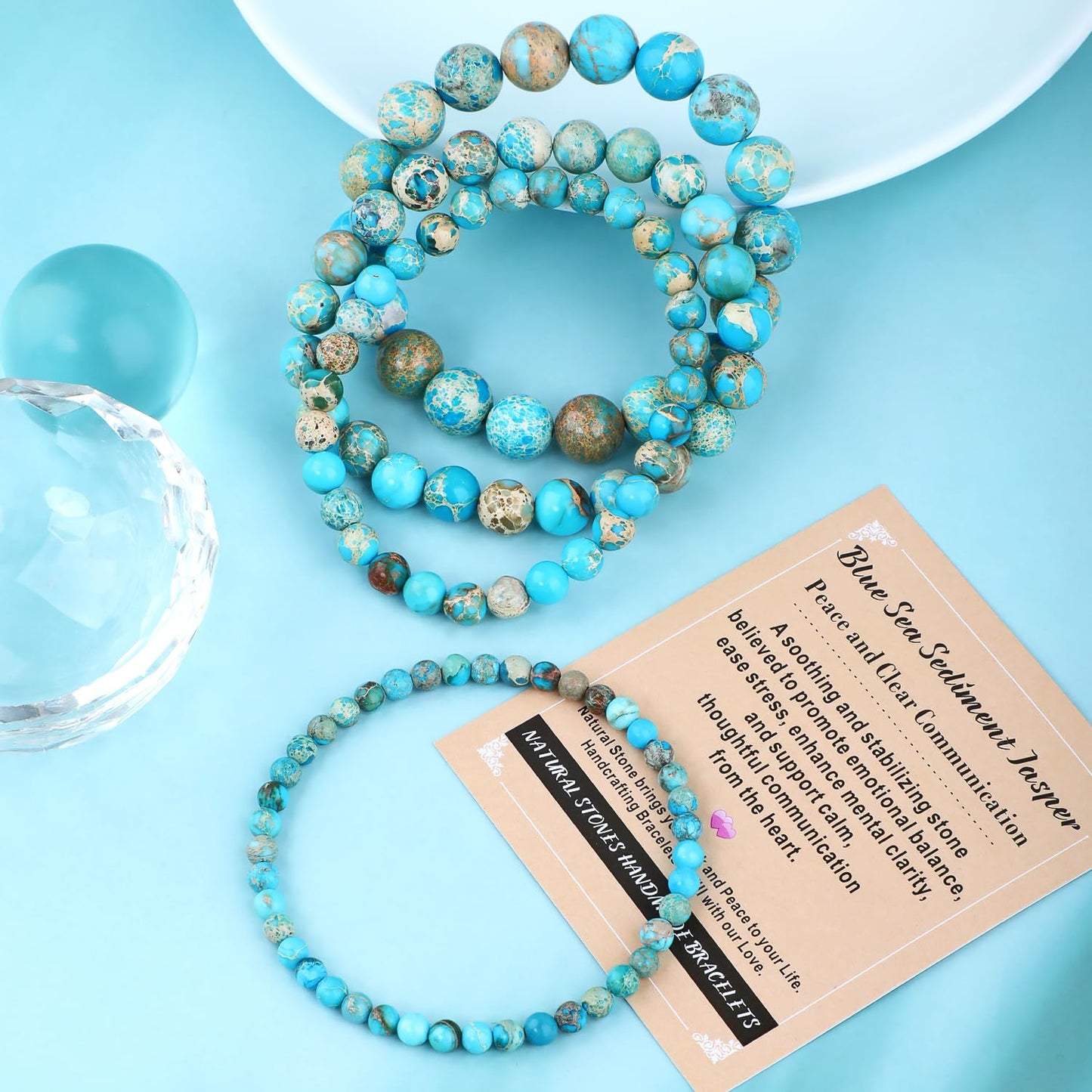 AD Beads 8mm Handmade Blue Sea Sediment Imperial Jasper Elastic Bracelet – Natural Gemstone for Joy & Positivity – Meditation, Yoga, Healing and Energy Gift for Men Women