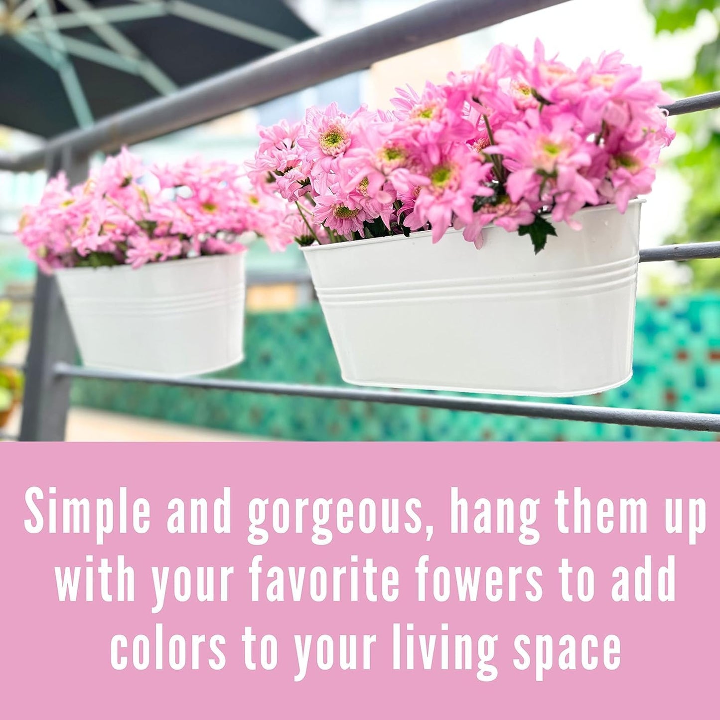 Maxona Metal Iron Hanging Flower Pots, 10 Pack, 11.8 Inch Oval White Railing Fence Hanging Bucket Pots Countryside Style Window Flower Plant Holder with Detachable Hooks Home Décor