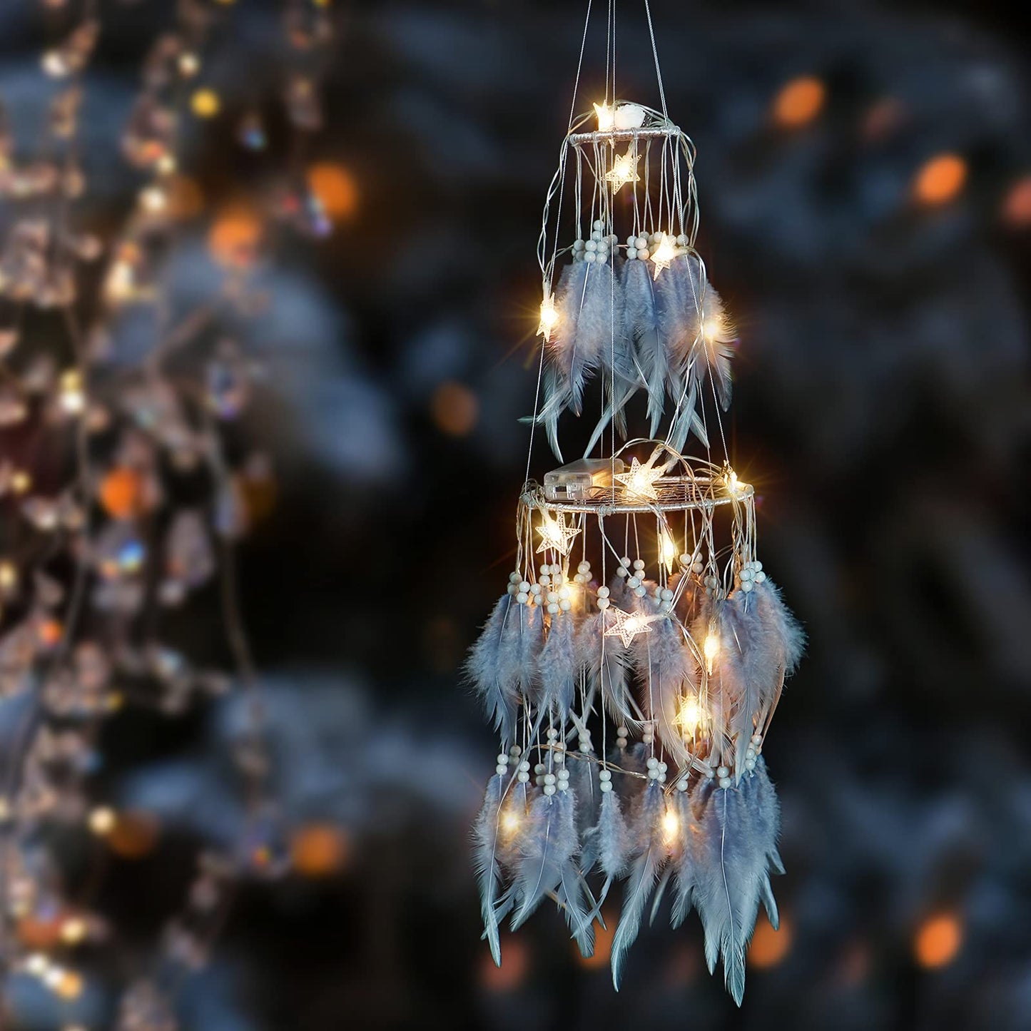 Dremisland Double Circle White Feather Dream Catcher with Mobile LED Fairy Lights Wall Hanging Ornaments Ceiling Decor for Bedroom Decor Wedding Decorations Boho Chic Party Nursery Decor (Grey)