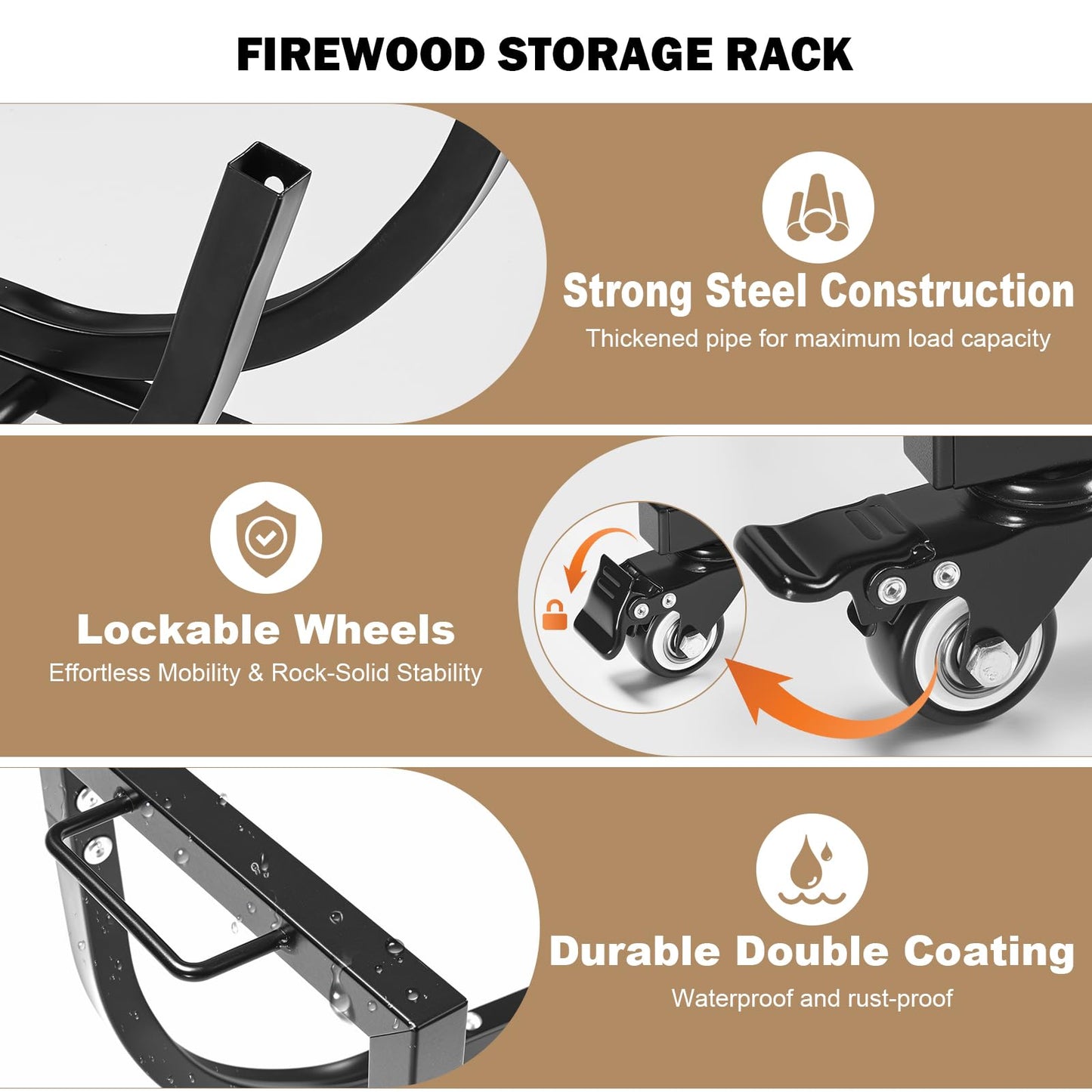 Freudeere 34 Inch Firewood Rack Outdoor Indoor with Handle and Lockable Wheels, Stable Metal Wood Rack Heavy Duty Log Holder for Fireplace Patio Deck, Rustproof Firewood Storage Organizer Tool