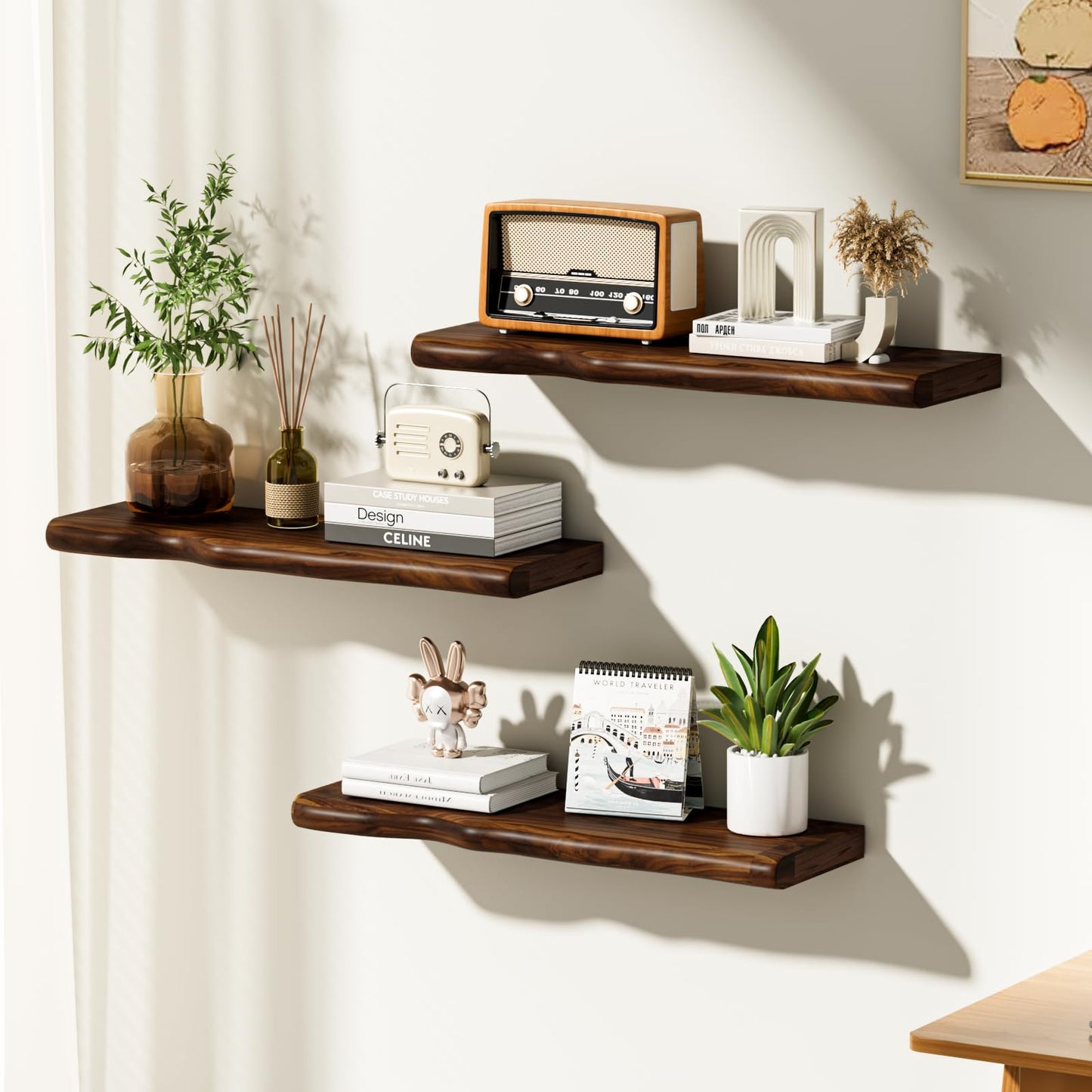 Avytronx Solid Wood Live Edge Floating Shelves Set of 2 – 24" Rustic Wall Shelf with Hidden Bracket System, Wall Mounted Shelves for Bathroom, Kitchen, Living Room, Bedroom (Walnut)