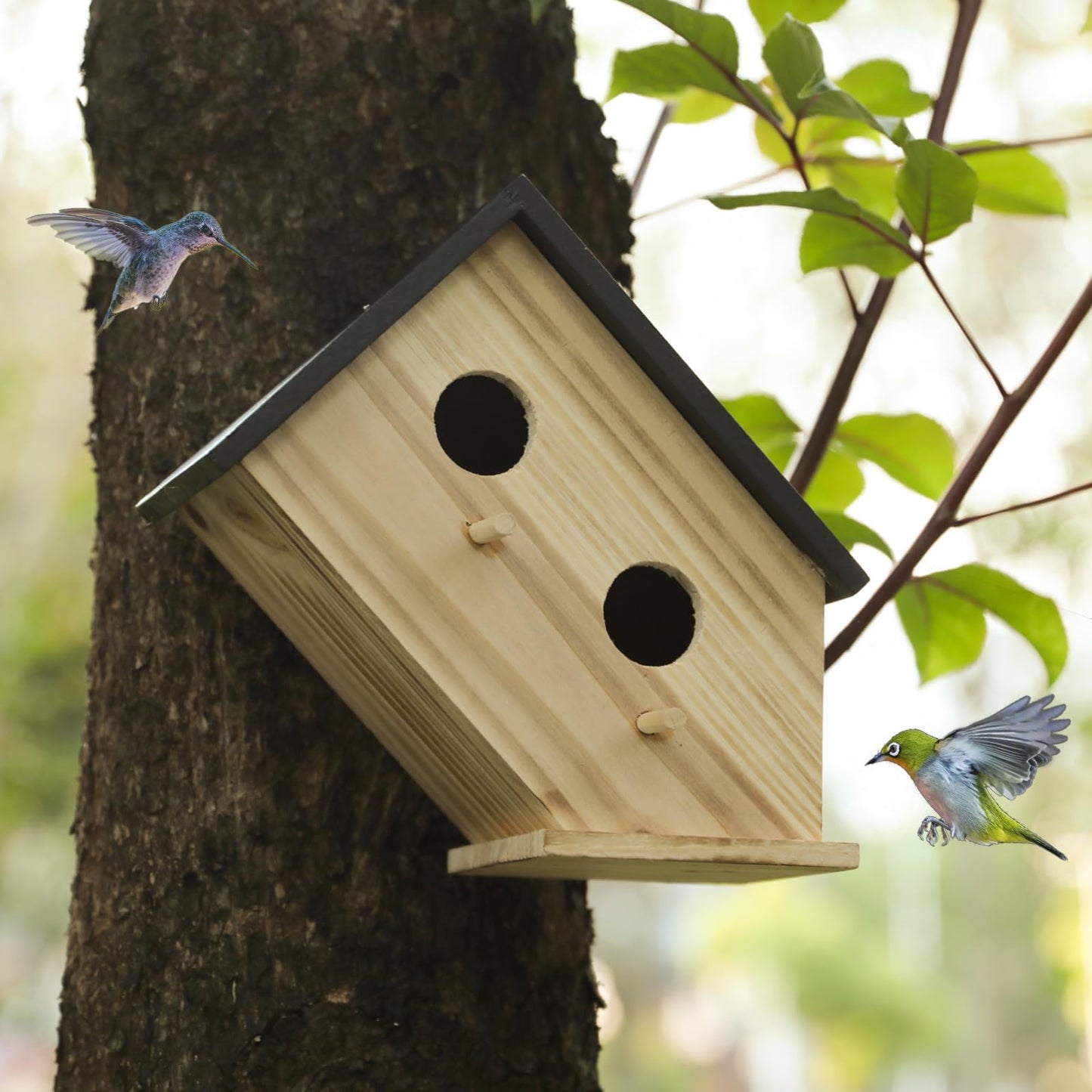 Bird House for Outside, Wooden Birdhouse for Outdoors Hanging - 2 Hole Wren House for Bluebirds Cardinals, Small Garden Bird House with Metal Hook