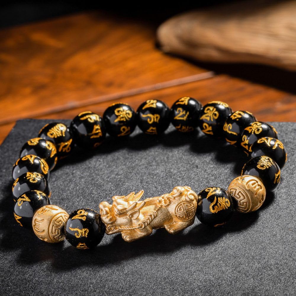 Buddha & Karma Feng Shui Pi Xiu/Pi Yao Black Obsidian Bracelet – Lucky Charm for Wealth, Protection & Success – Energy Healing Jewelry for Men & Women