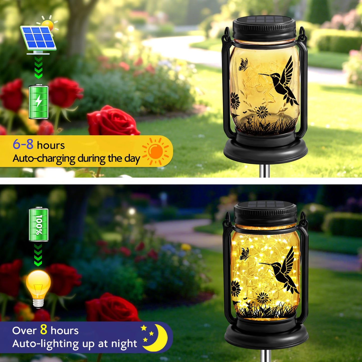 Hummingbird Solar Lanterns 3-in-1 Outdoor Waterproof - Birthday Gifts for Women Mom Christmas, Mason Jar Hanging Lanterns with Stake, Garden Decor Lights for Patio Yard Porch Lawn Balcony Decorations