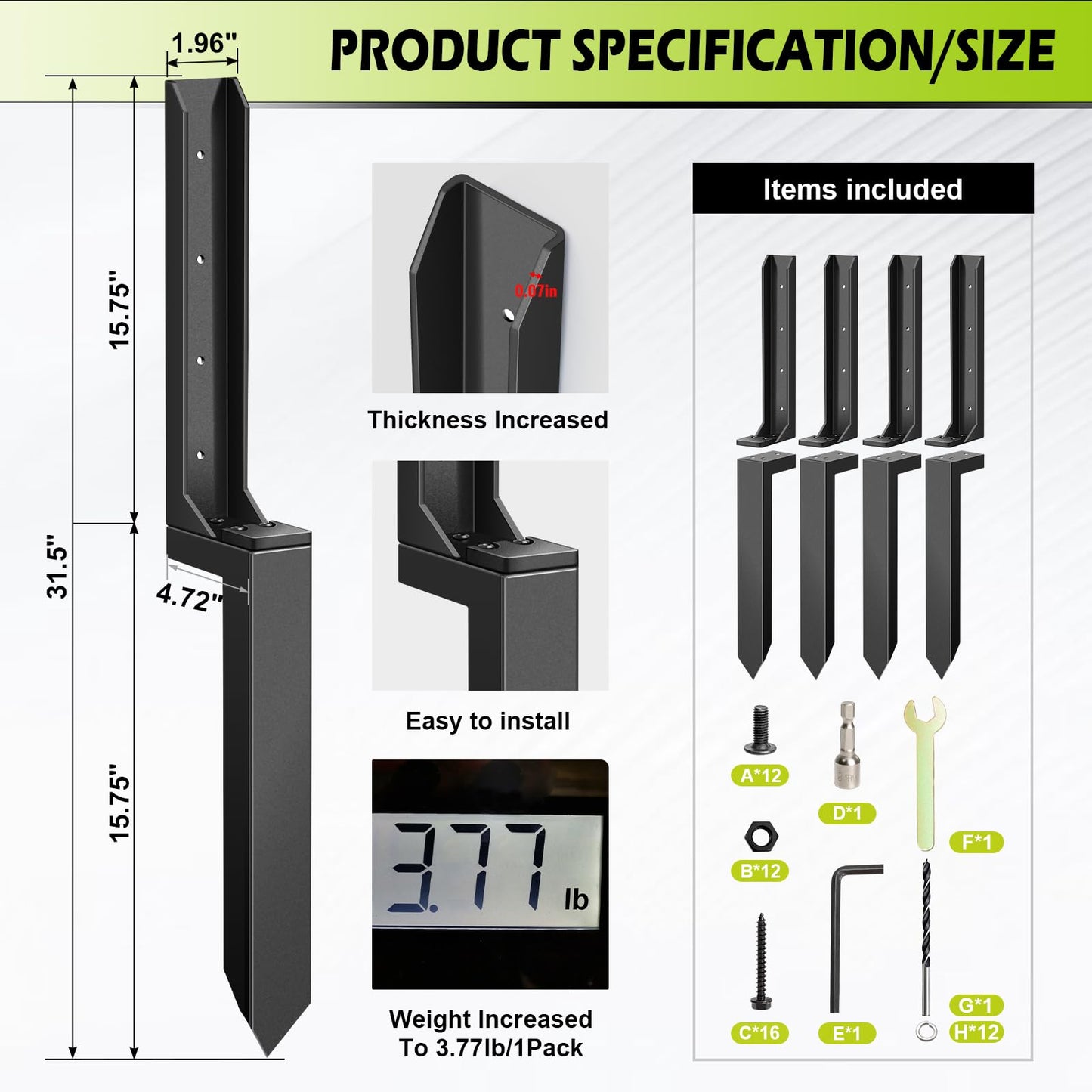 4 Pcs Fence Post Repair Kit, Heavy Duty Fence Post Anchor Ground Stakes for Repair Tilted, Broken Wood Support