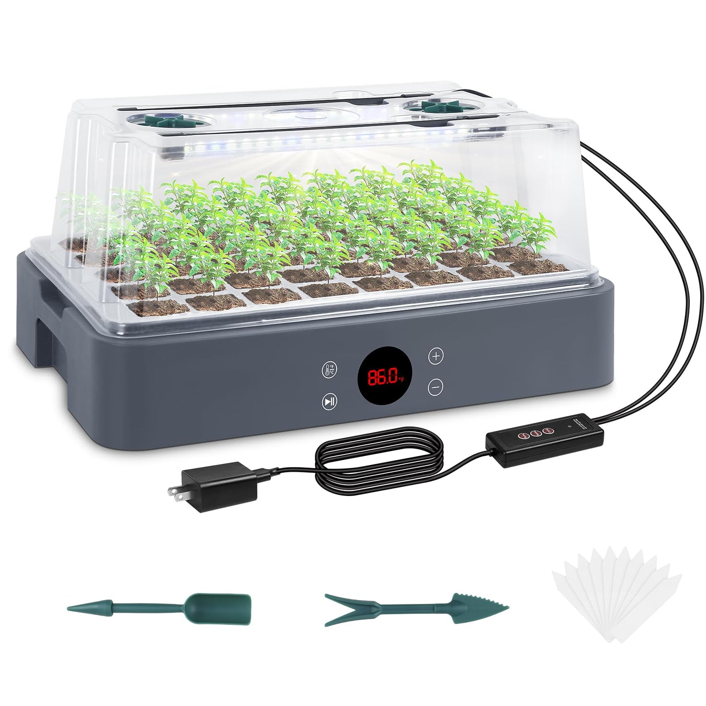 Sondiko Seed Starter Tray with Grow Light, Heated Seed Starter Kit with Temperature Display, Humidity Dome Germination Kit, Adjustable Plant Light for Seed Starting and Seedling Growth