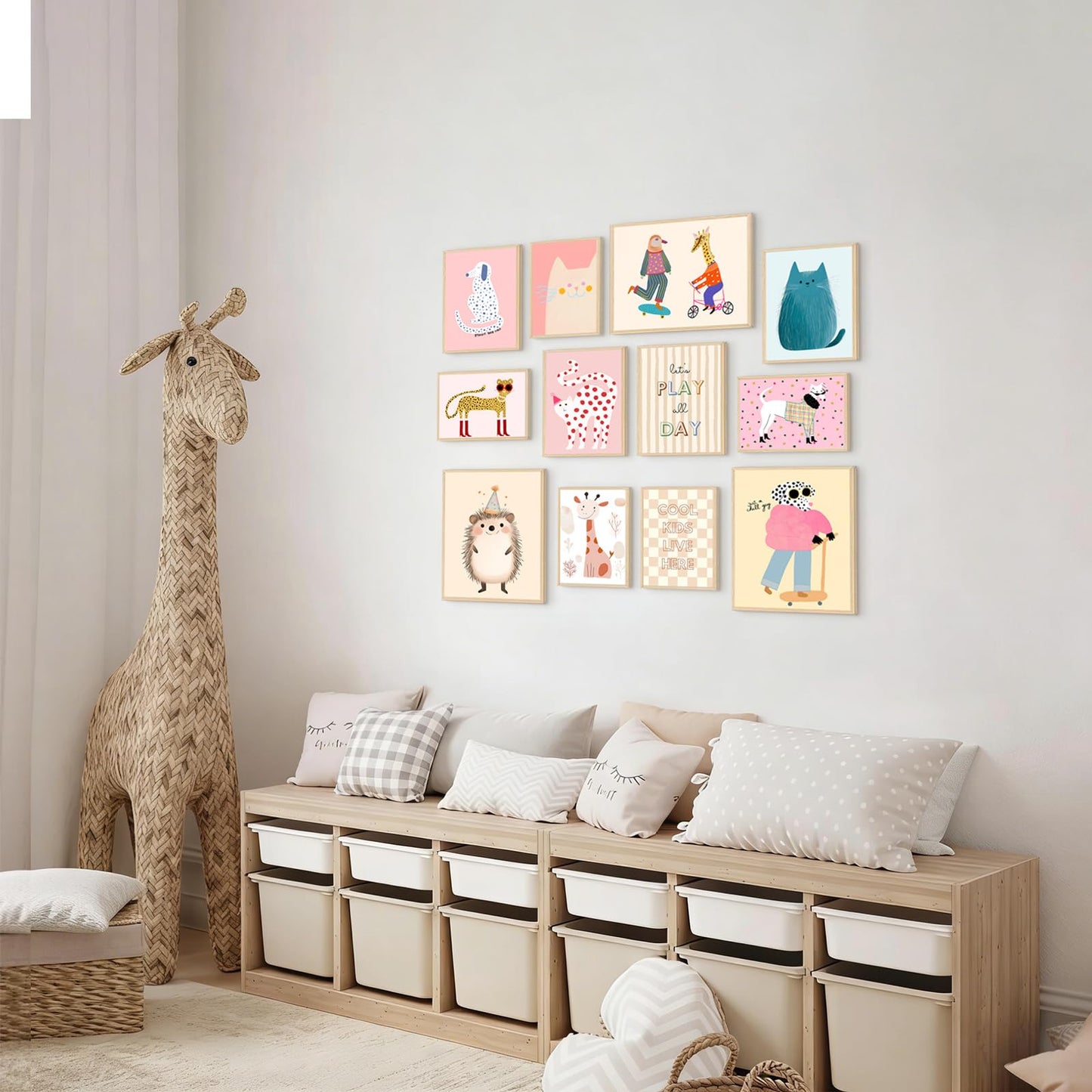 Aroutde 12Pcs Pink Girl Room Decorations Playroom Wall Art, Cartoon Animals Wall Art Funny Cat Dog Giraffe Hedgehog Prints Boys & Girls Kids Toddler Room Bedroom Eclectic Gallery Artwork (Unframed)