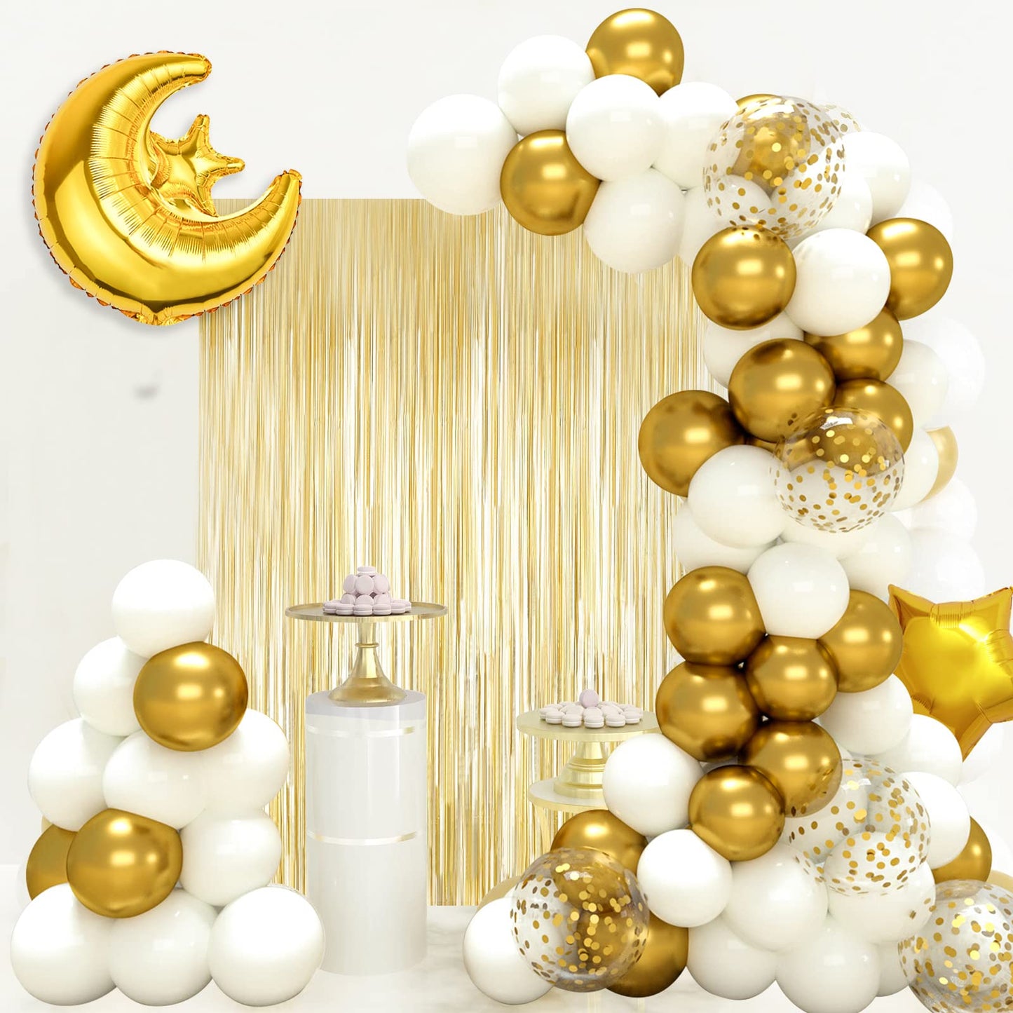 Eid Mubarak Decorations - 70PCS White Gold Ramadan Confetti Balloons with Mubarak Moon Star Foil Balloon, Backdrop for Party Supplies, Eid Decorative Banner for al-Fitr and al-Adha Decor