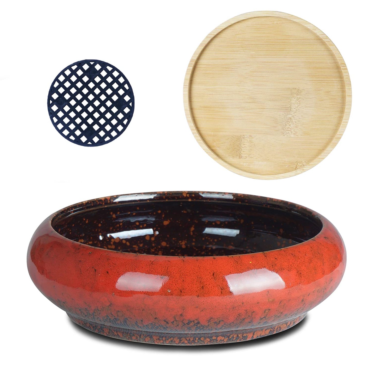ARTKETTY Succulent Pots - 7.3 Inch Large Succulent Planters with Drainage Ceramic Bonsai Pots with Bamboo Tray, Shallow Planters for Indoor Cactus Plants Decorative Flower Plant Container